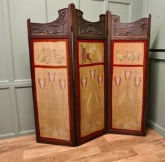 Art Nouveau Copper & Oak 3 Fold Screen Naive Wool Panels