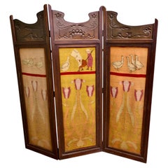 Art Nouveau Copper & Oak 3 Fold Screen Naive Wool Panels