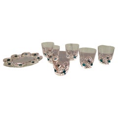 Lalique Floride Crystal and Turquoise Set of 6 Whiskey Tumblers and Assiette