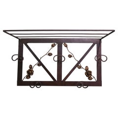 French Art Deco Iron Hat and Coat Rack with Shelf Decorated with Roses