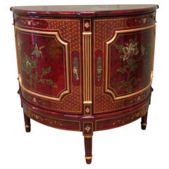 Sehr dekorativer roter Demi-Lune-Flurschrank im Chinoiserie-Stil