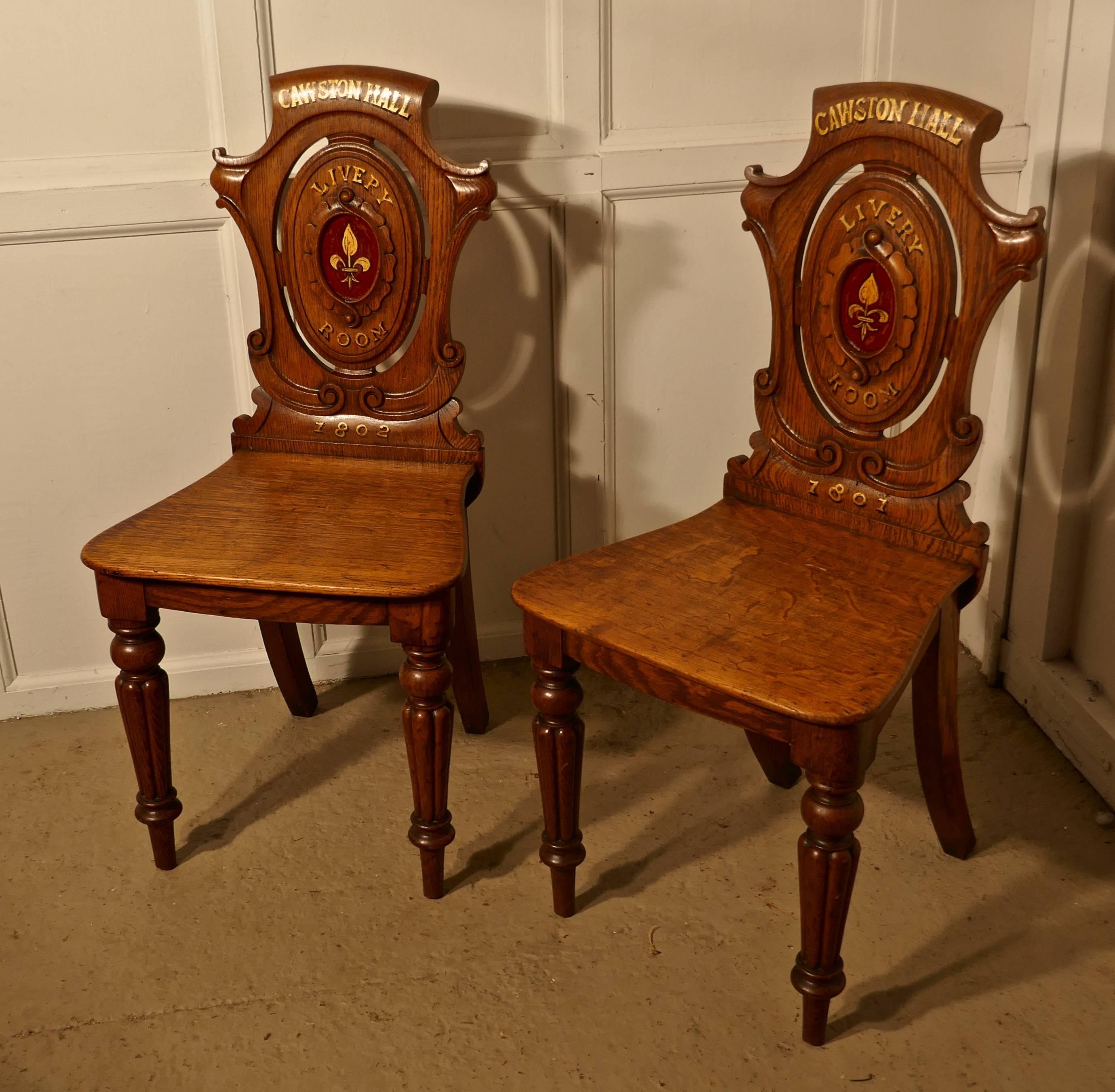 English Early 19th Century Golden Oak Hall Chairs, from Cawston Hall Livery Room For Sale