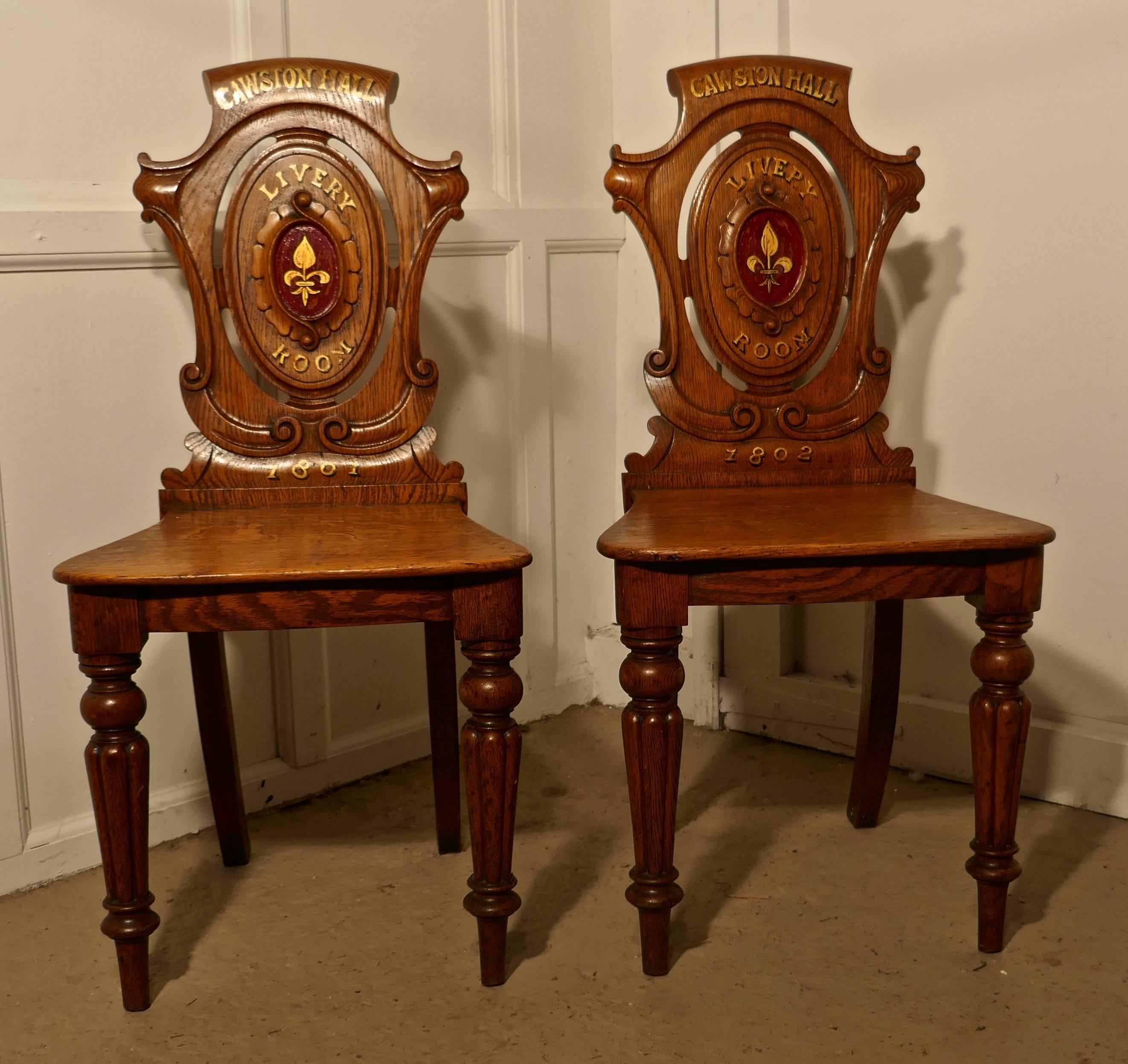 Carved Early 19th Century Golden Oak Hall Chairs, from Cawston Hall Livery Room For Sale