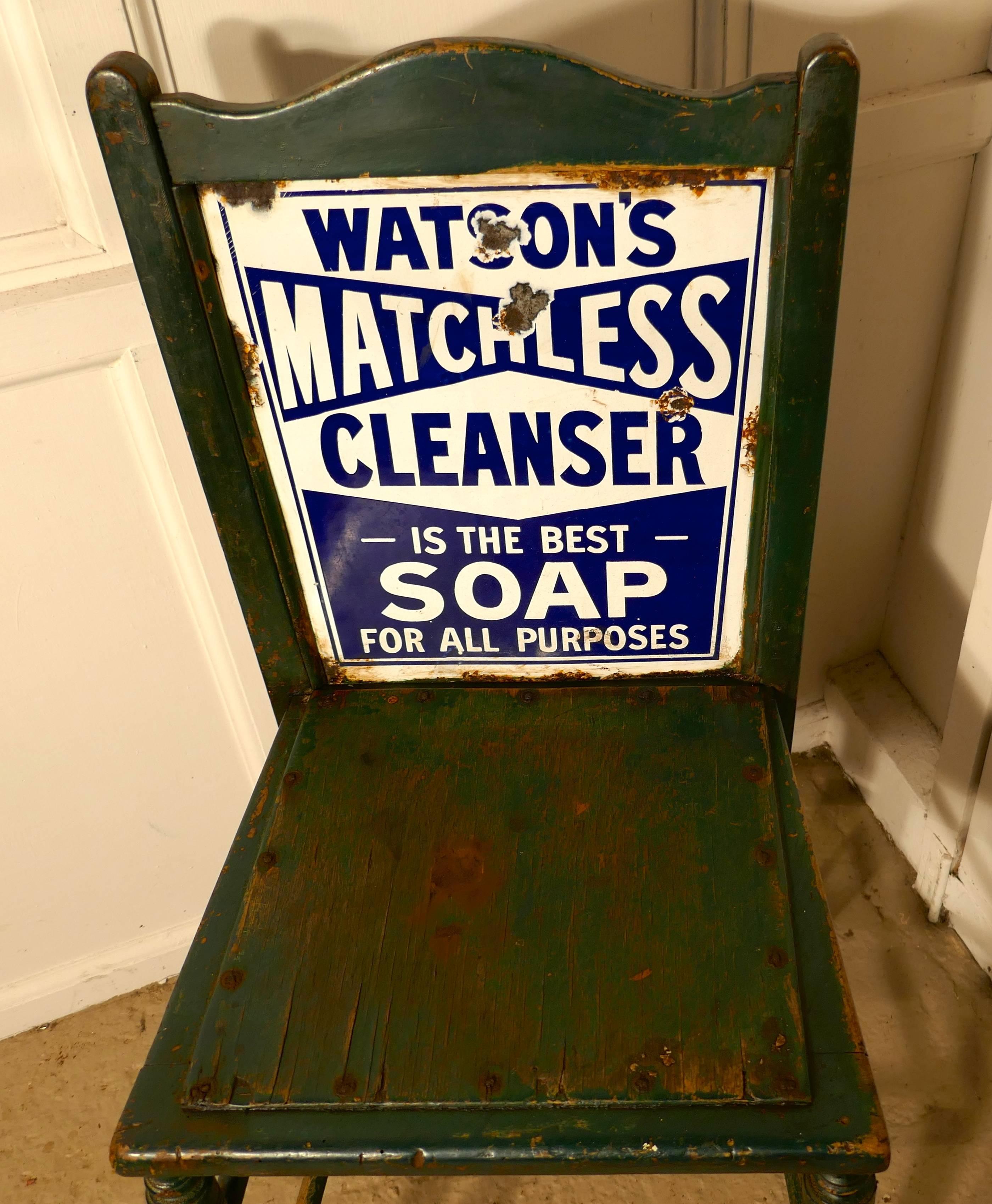 Watson’s Matchless Cleanser, a shop advertising chair, the enamel sign is double sided and has been built in to the chair back. 
This chair would have been in use in the grocery shop for a weary shopper to rest in, the enamel sign can be read from