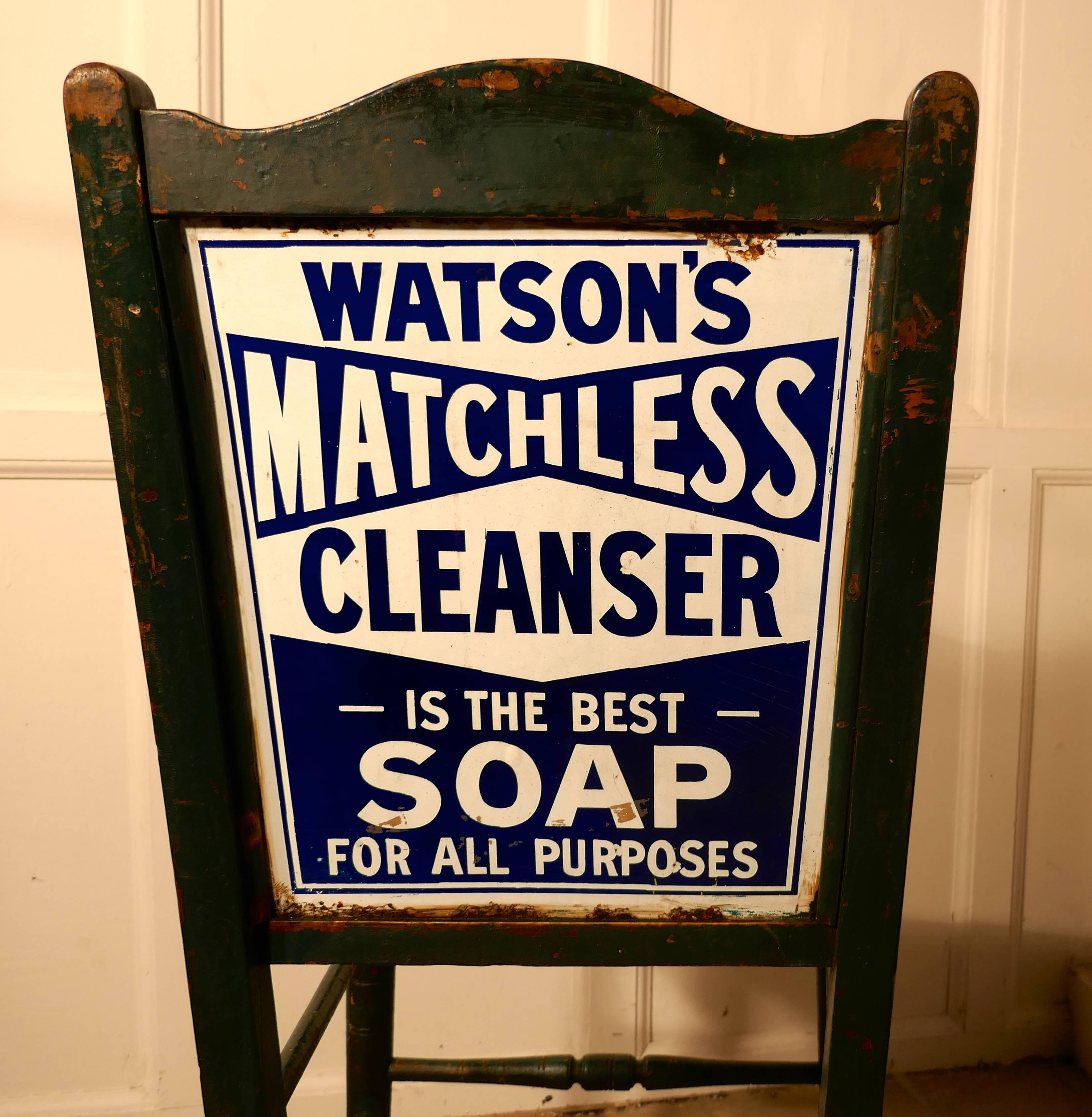 Edwardian Shop Advertising Chair, Scottish Enamel Sign Watson’s Matchless Soap