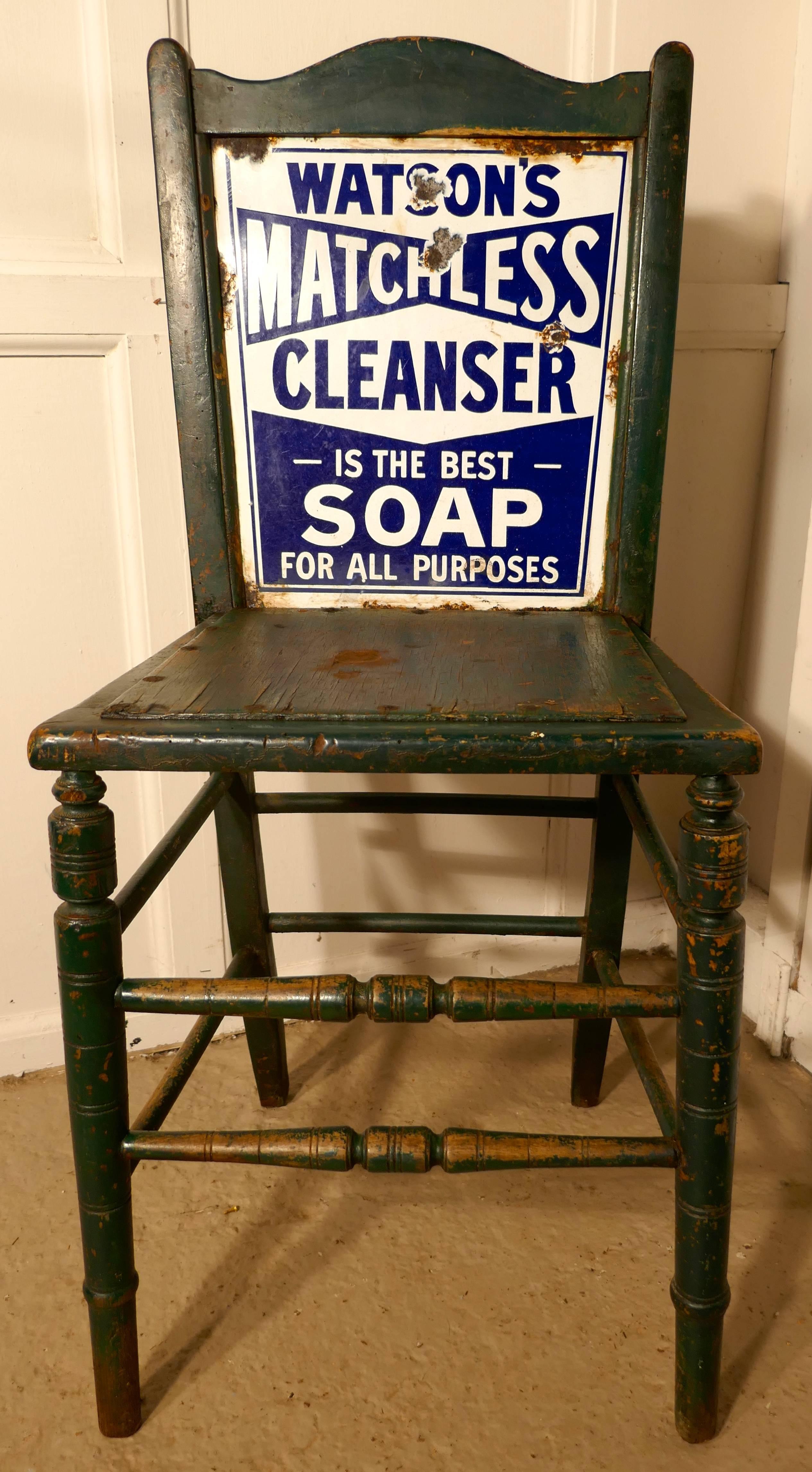 Shop Advertising Chair, Scottish Enamel Sign Watson’s Matchless Soap In Distressed Condition In Chillerton, Isle of Wight
