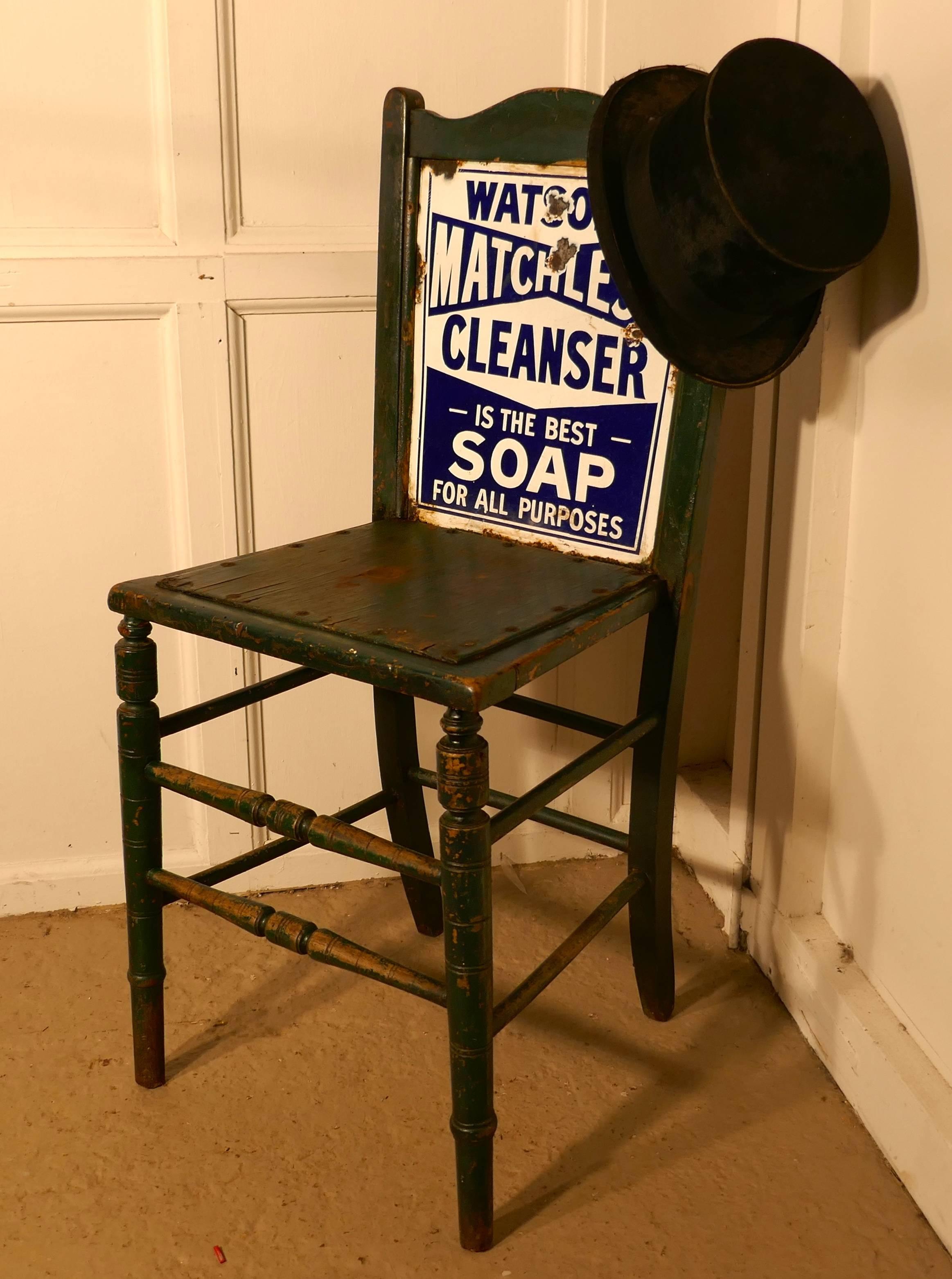 Early 20th Century Shop Advertising Chair, Scottish Enamel Sign Watson’s Matchless Soap