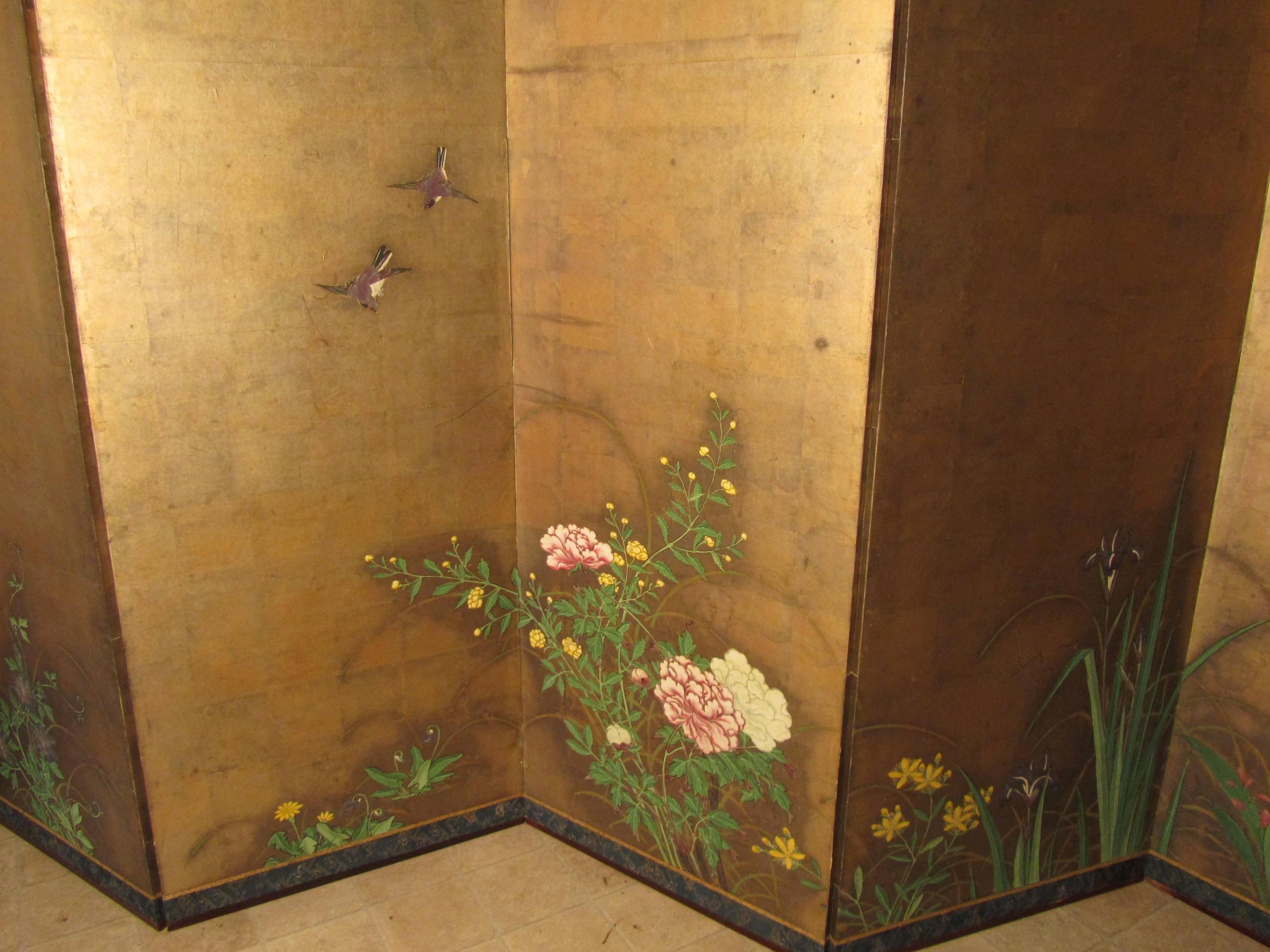 Pair of 18th Century Gold, Painted Japanese Six Fold Screens, 'Byobu' Edo Period 2