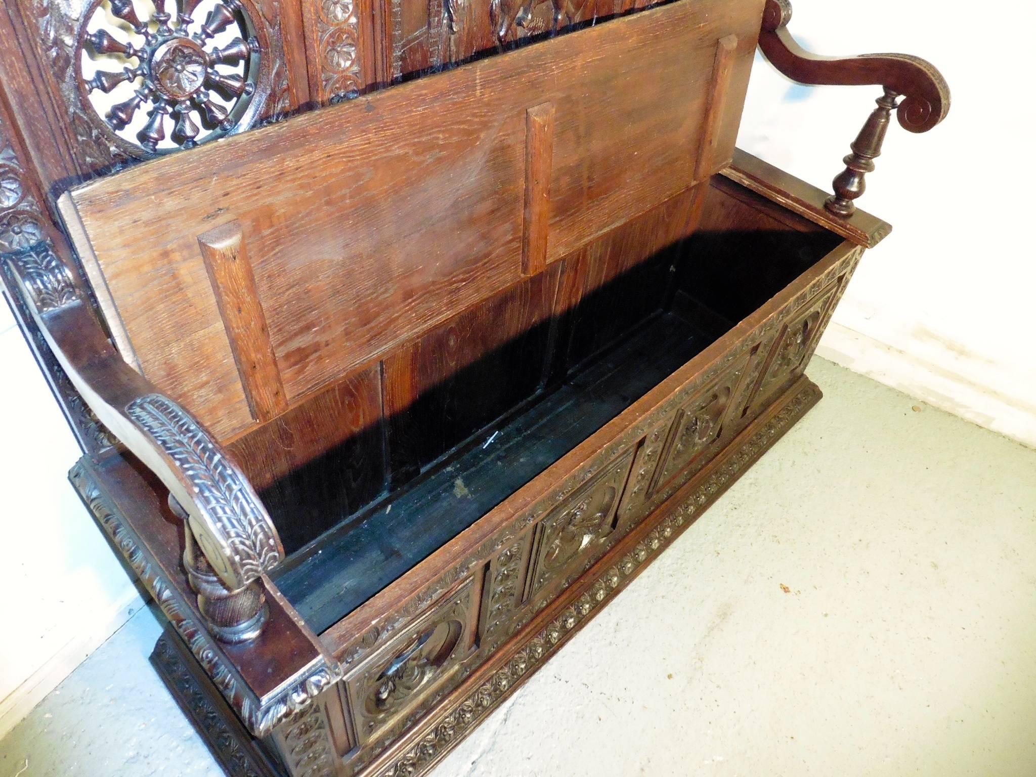 Gothic 19th Century Breton High Back Carved Oak Box Settle, Carved Hall Seat
