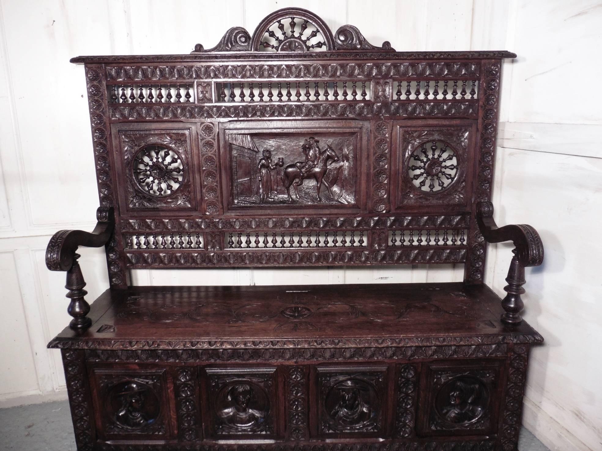 19th Century Breton High Back Carved Oak Box Settle, Carved Hall Seat In Good Condition In Chillerton, Isle of Wight