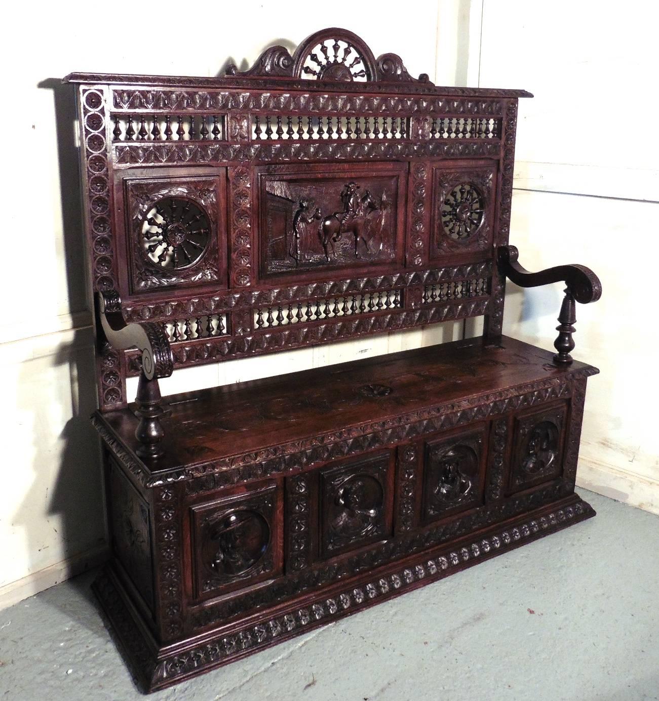 19th Century Breton High Back Carved Oak Box Settle, Carved Hall Seat 1
