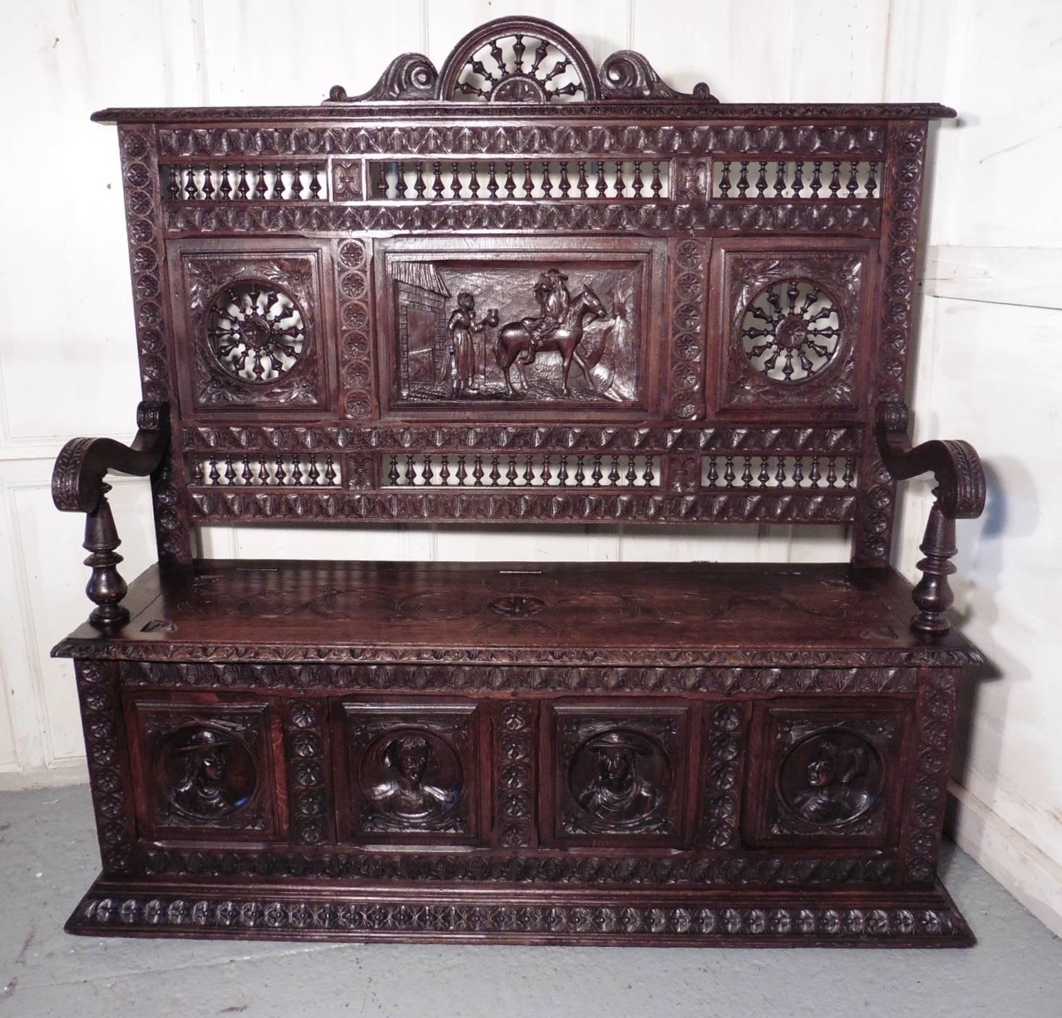 19th Century Breton High Back Carved Oak Box Settle, Carved Hall Seat 3