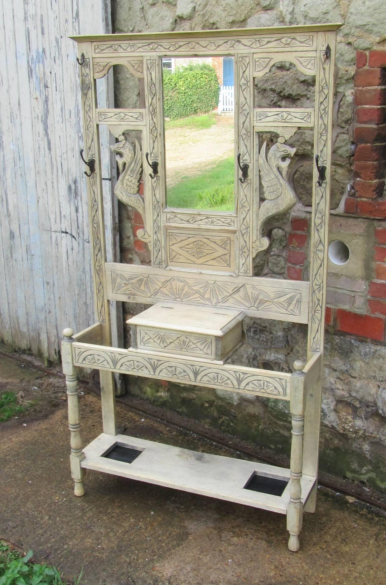 19th Century Victorian Carved Stripped and Bleached Gothic Oak Hall Stand 1
