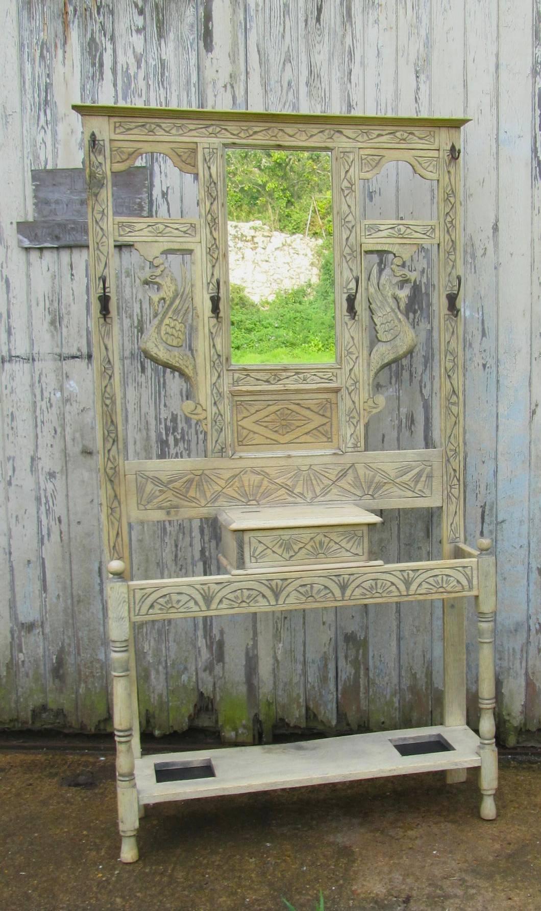 19th Century Victorian Carved Stripped and Bleached Gothic Oak Hall Stand 2