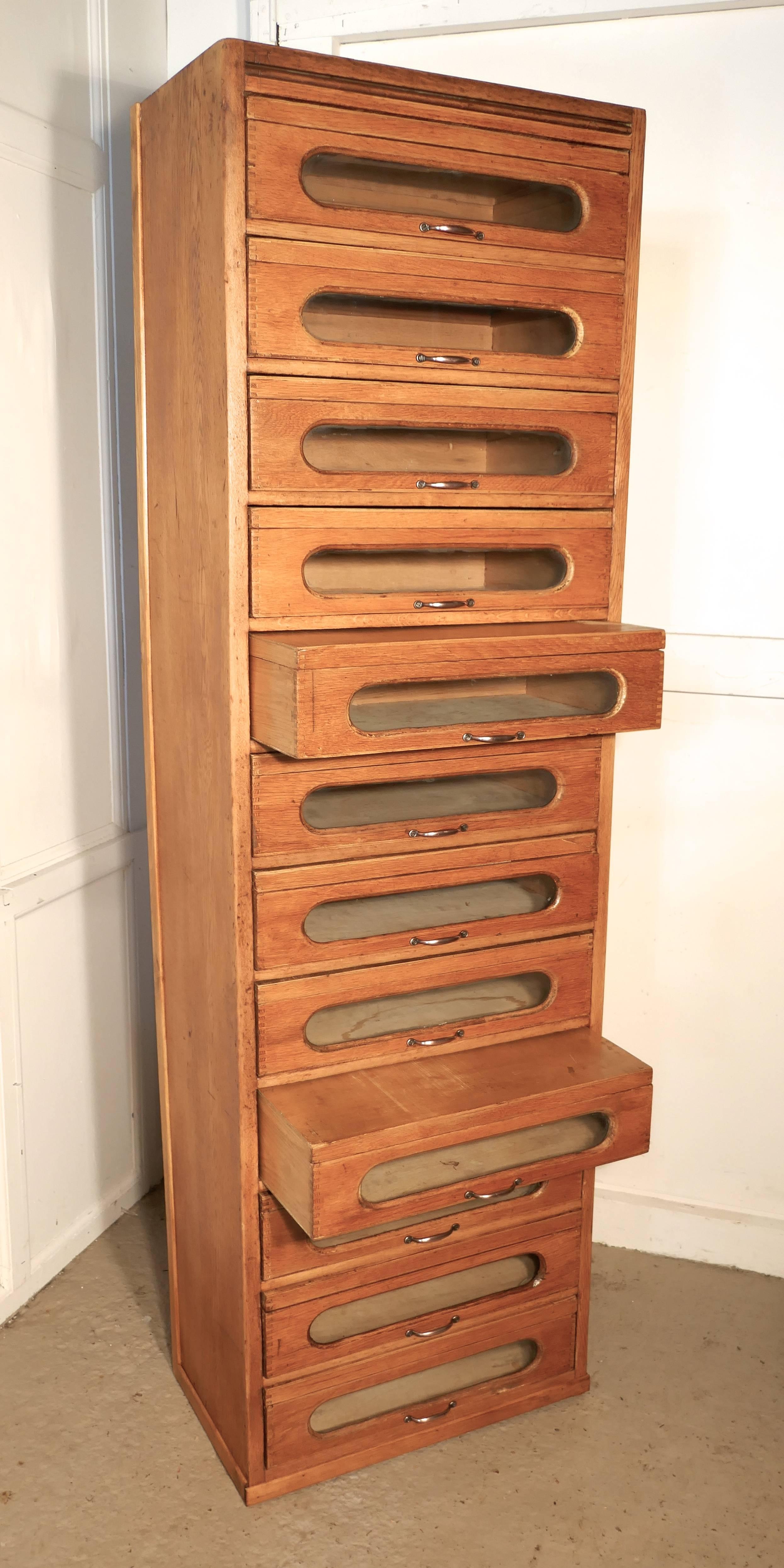 Oak Art Deco Tall Haberdashery Cabinet with Glass Fronted Lidded Drawers