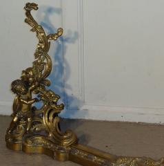 19th Century, French, Classical Rococo Brass Fender Decorated on Putti Chenets