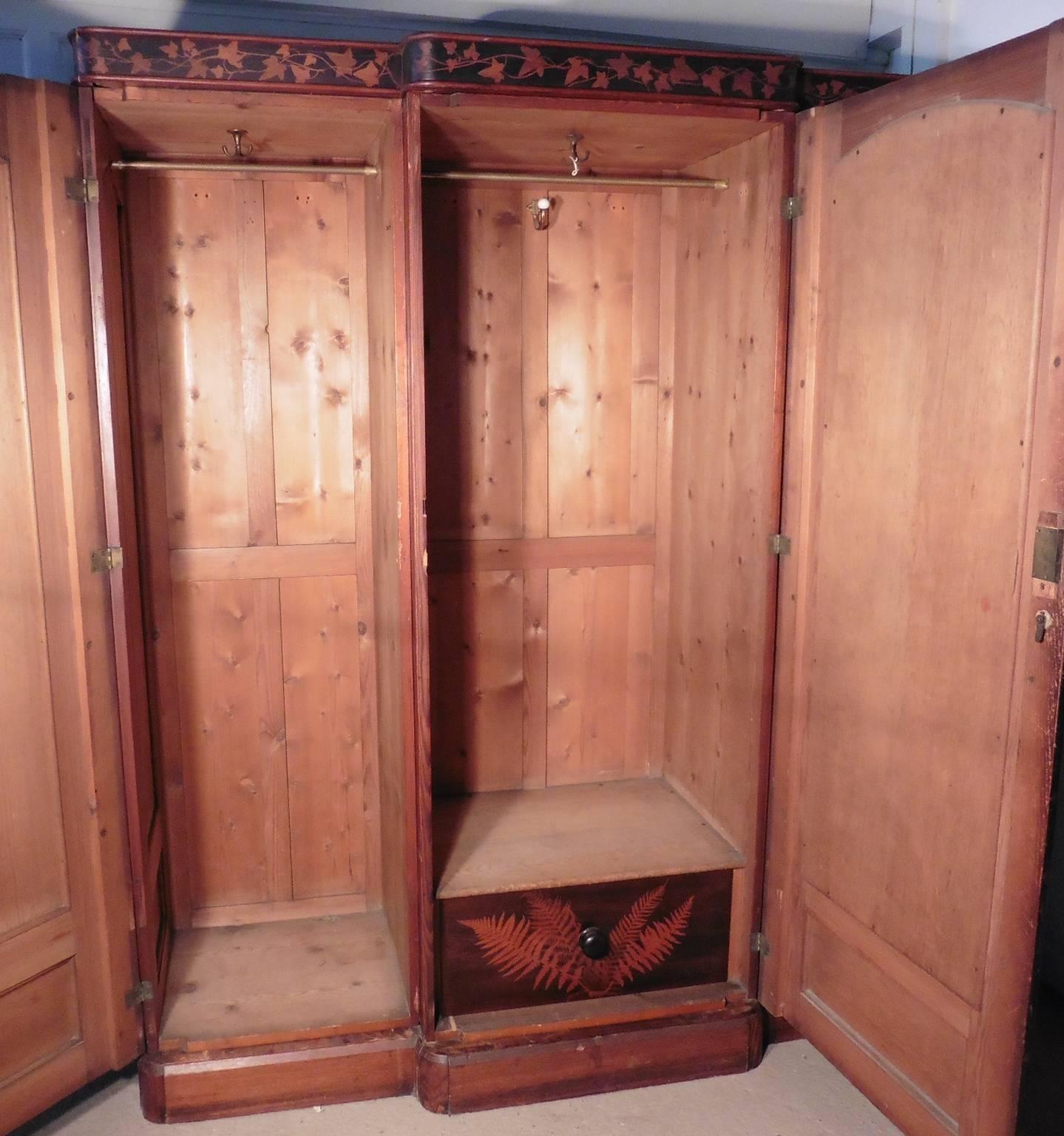 Arts and Crafts Victorian Painted Pine Arts & Crafts Wardrobe Decorated with Ferns and Leaves