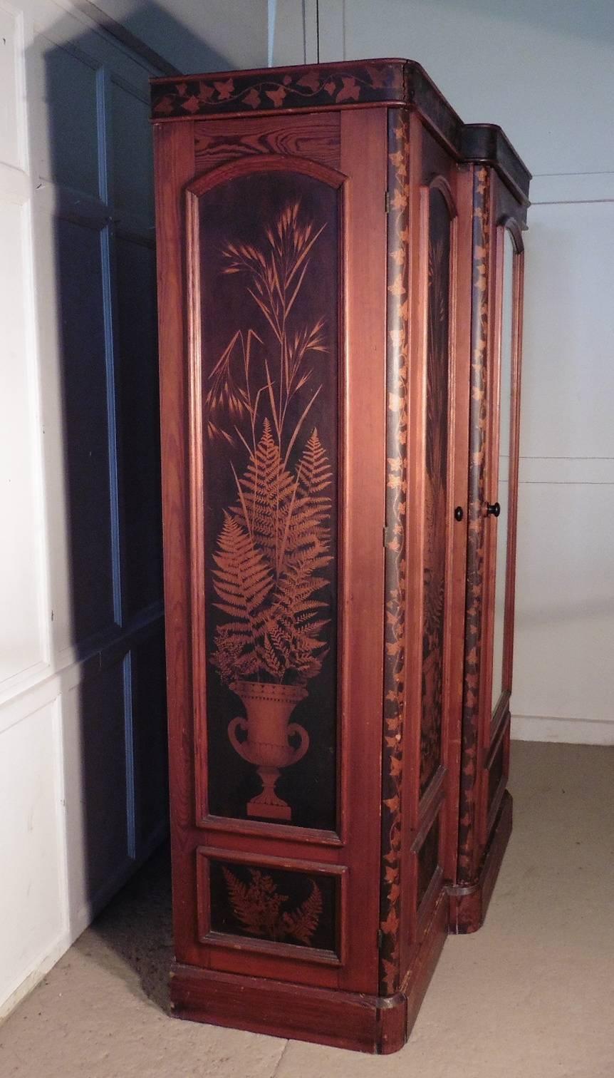 English Victorian Painted Pine Arts & Crafts Wardrobe Decorated with Ferns and Leaves