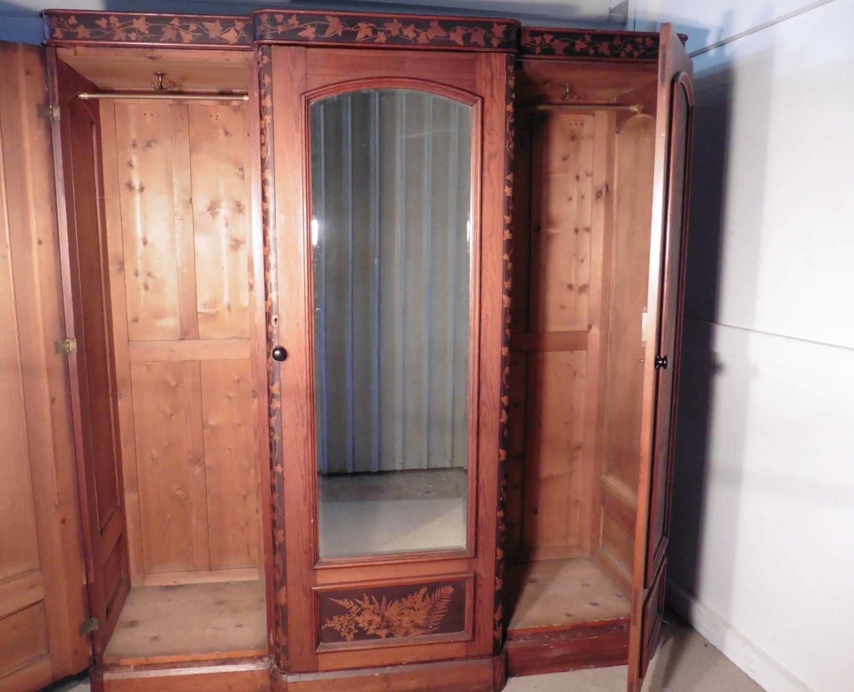 Cold-Painted Victorian Painted Pine Arts & Crafts Wardrobe Decorated with Ferns and Leaves