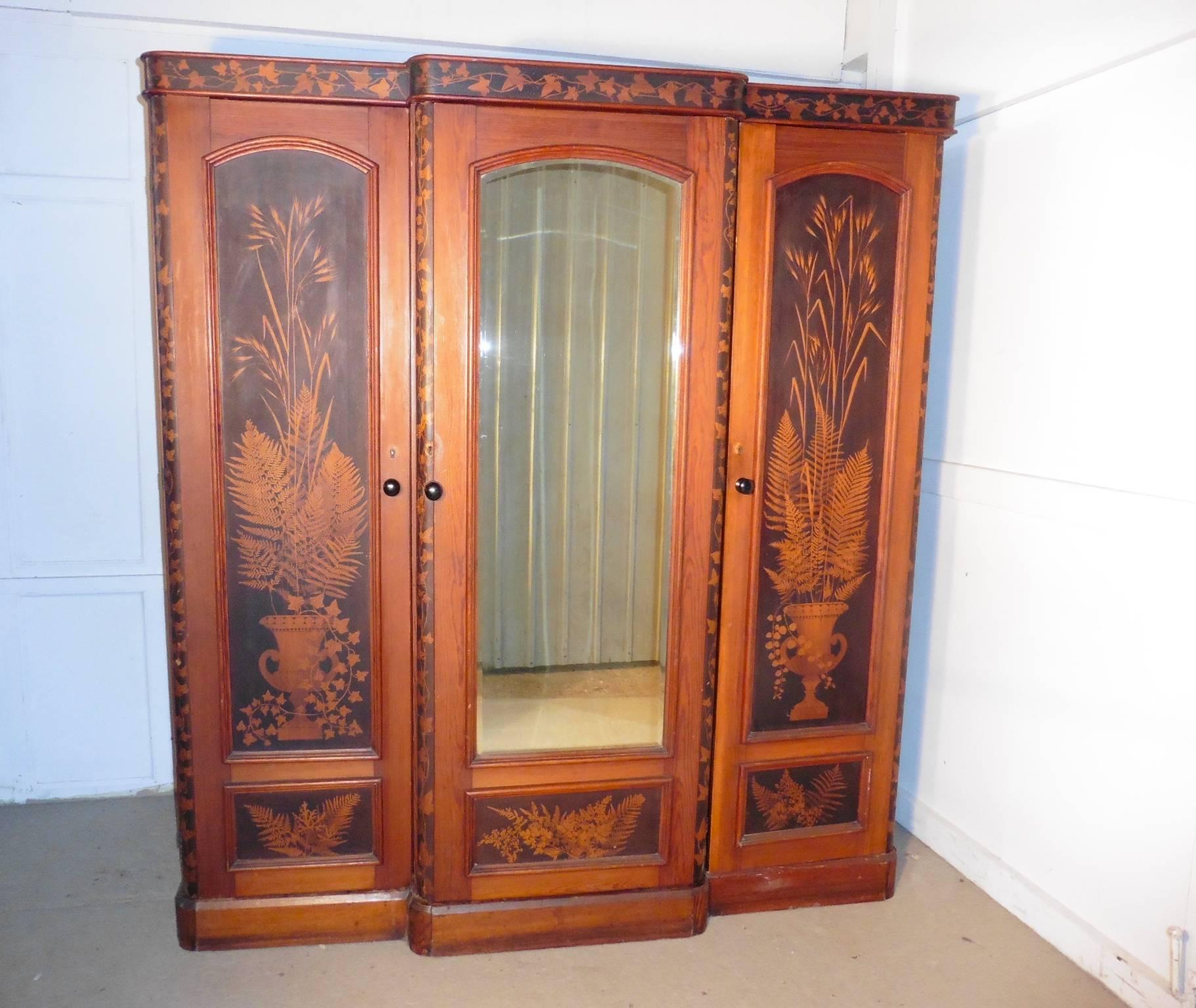 Late 19th Century Victorian Painted Pine Arts & Crafts Wardrobe Decorated with Ferns and Leaves