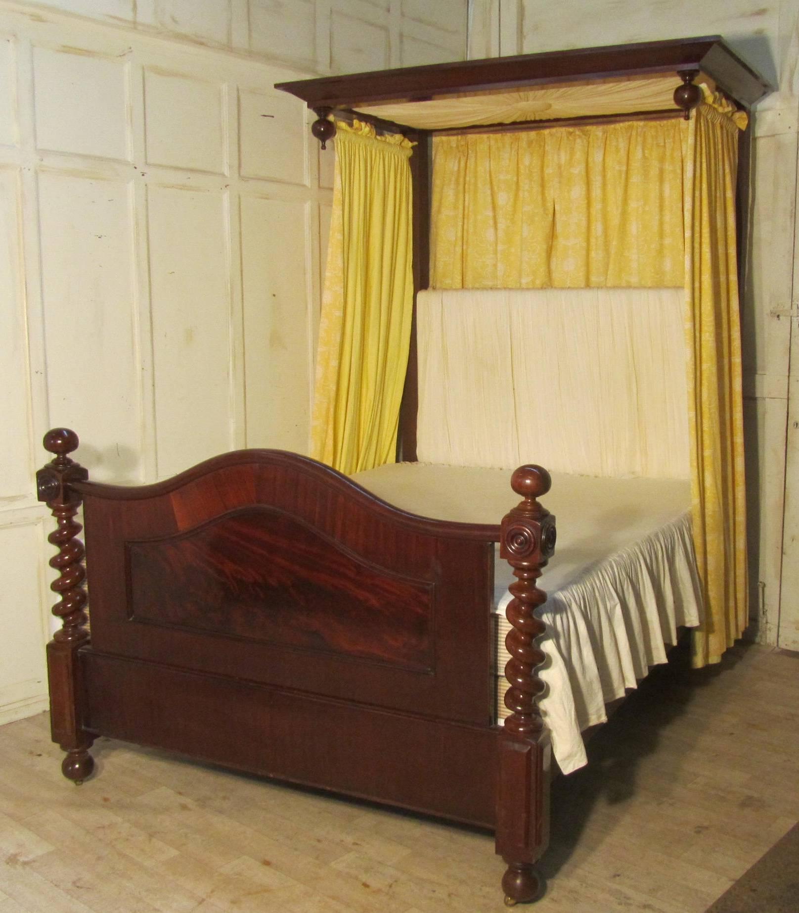 Hand-Crafted Victorian Mahogany Half Tester Bed, Sunburst Canopy Barley Twist Columns