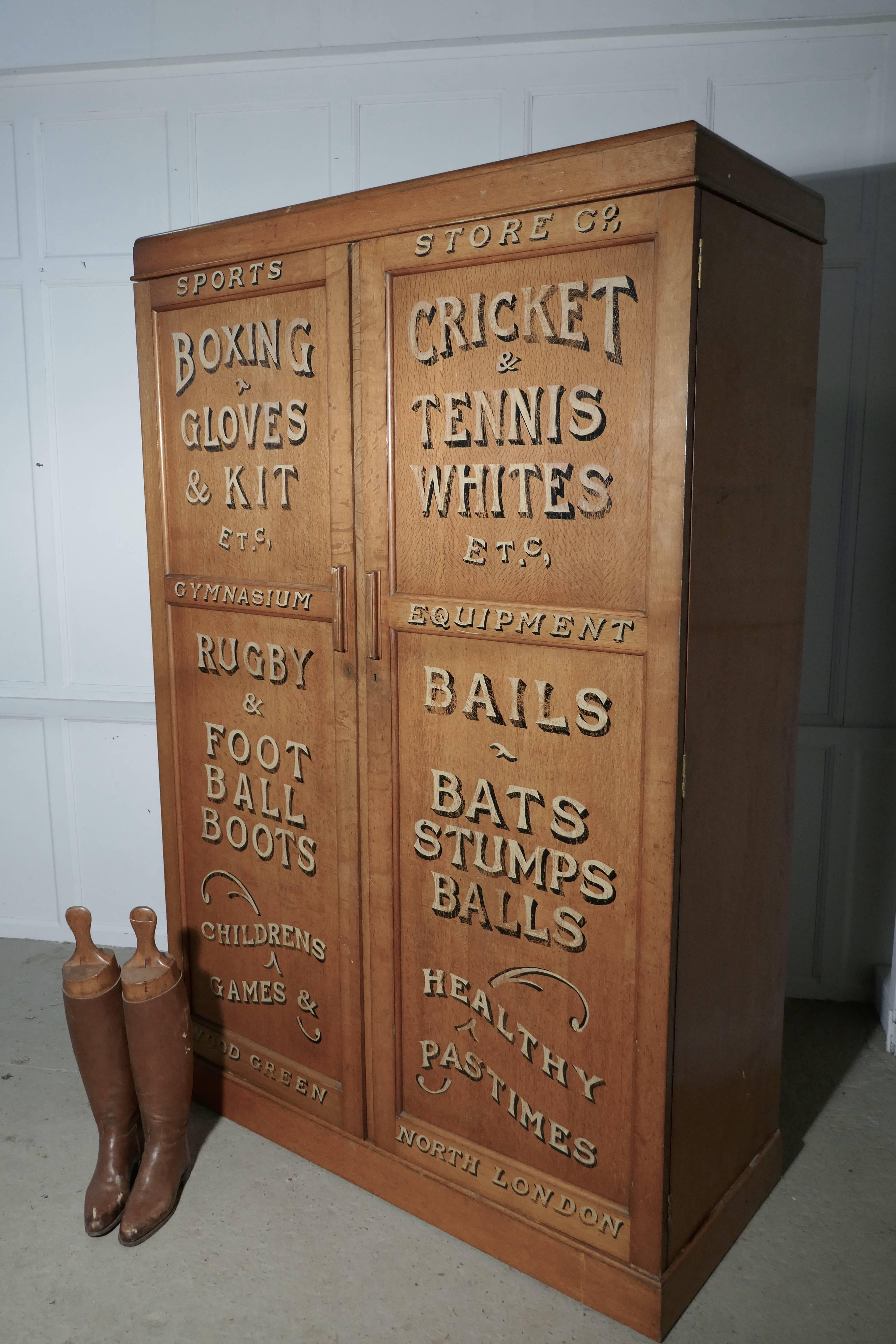 A magnificent early 19th century cupboard, for storing a variety of sports equipment, tennis, cricket, boxing, football and rugby.

The double door cupboard is made in golden oak, one side has five open shelves, the other has many coat hooks and