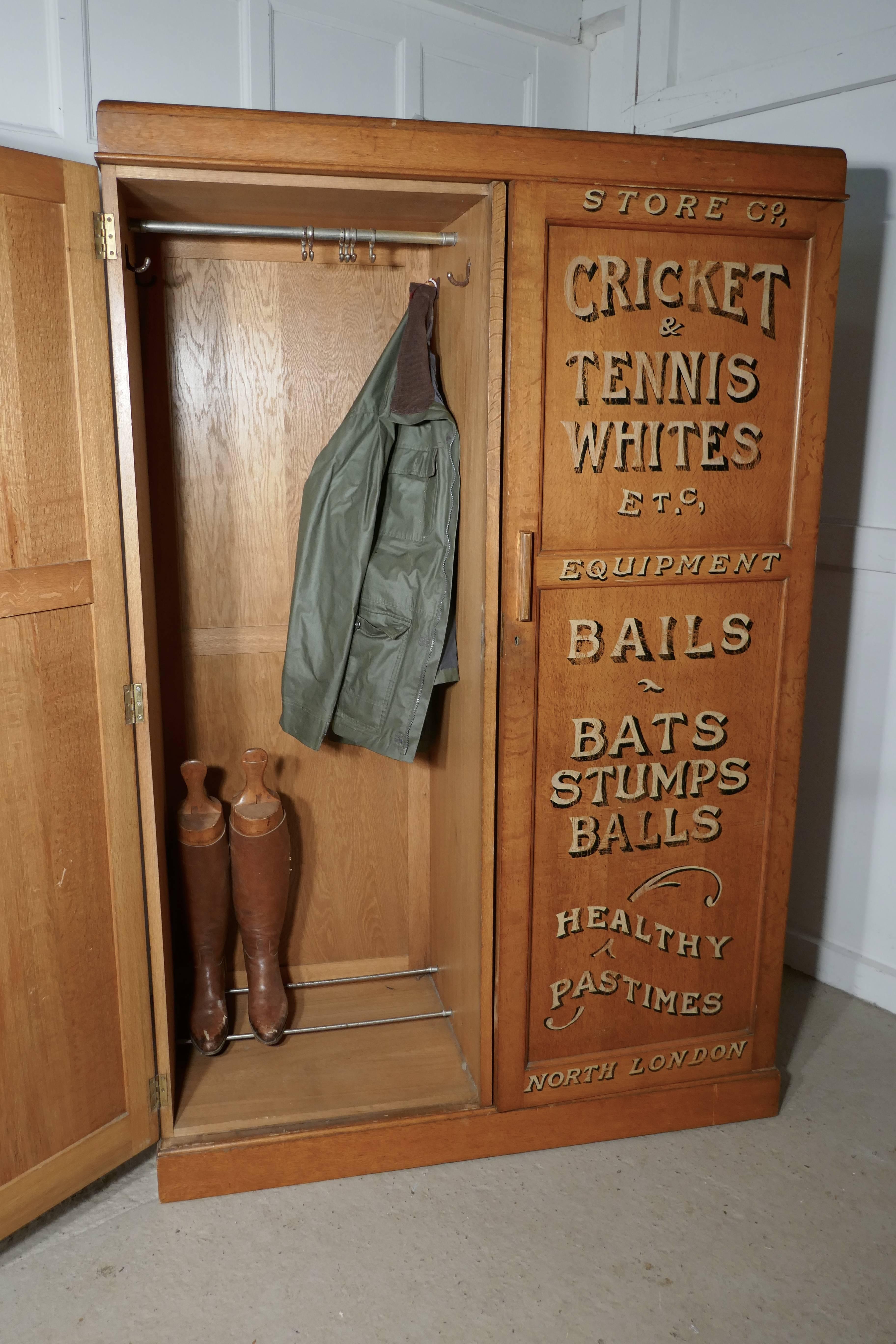 Edwardian Sign Painted Golden Oak Cupboard, Sports Wardrobe, Shop Display In Fair Condition In Chillerton, Isle of Wight