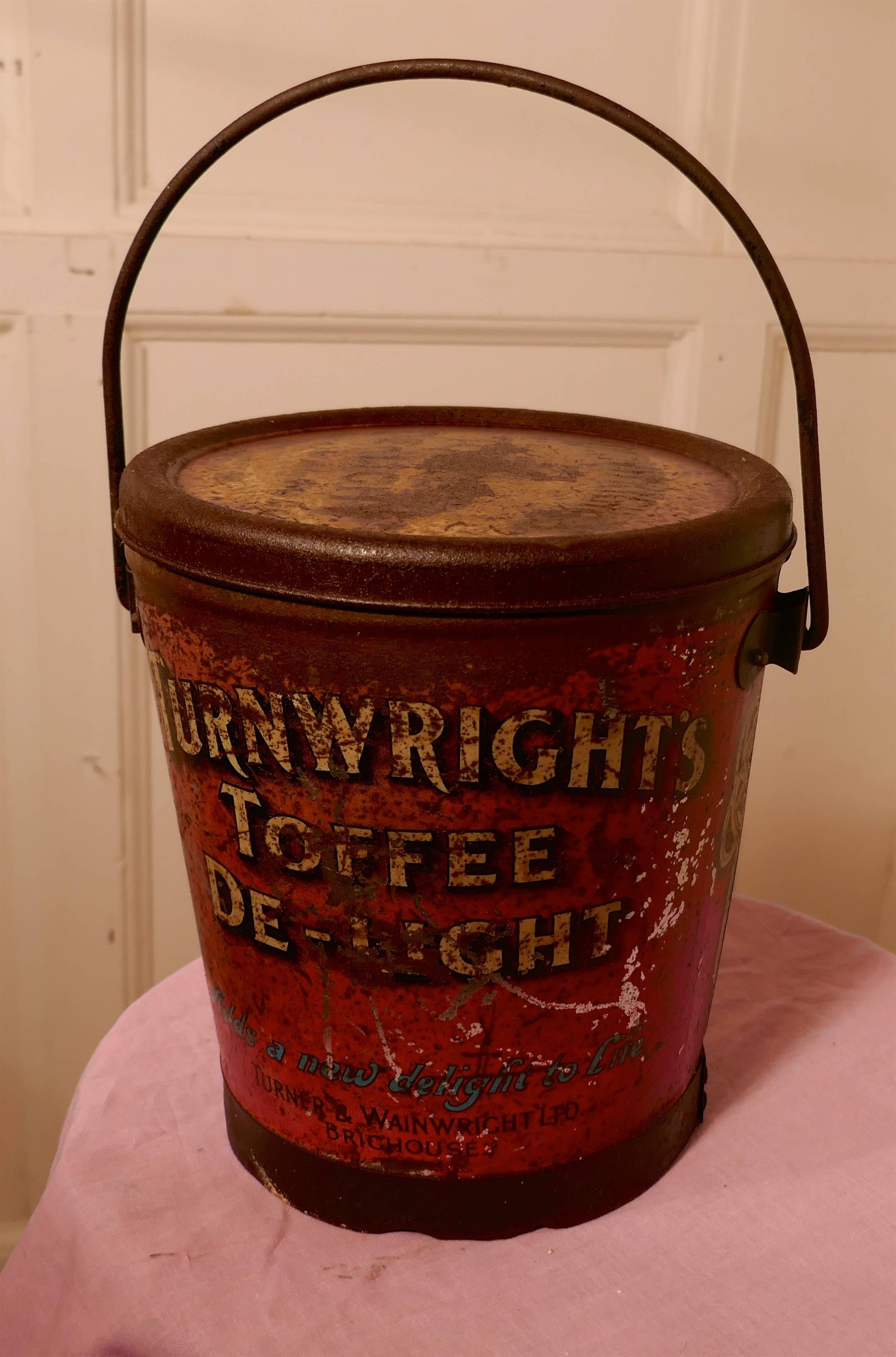 Enameled Charming Turnwright's Toffee De-Light Tin, Sweet Bucket, Shop Display