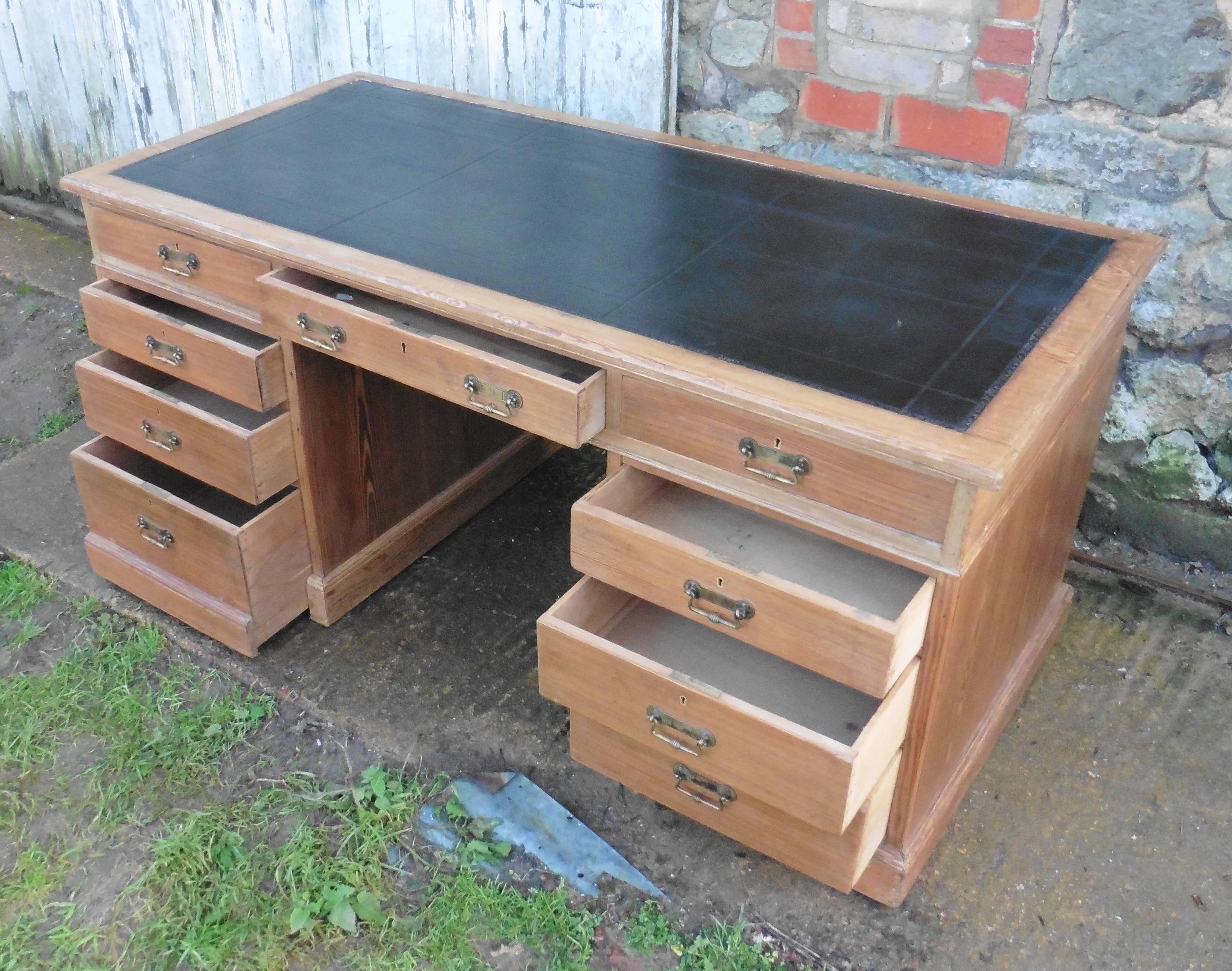 English Large Victorian Pitch Pine Desk, Leather Top Barristers Desk by Heal and Sons