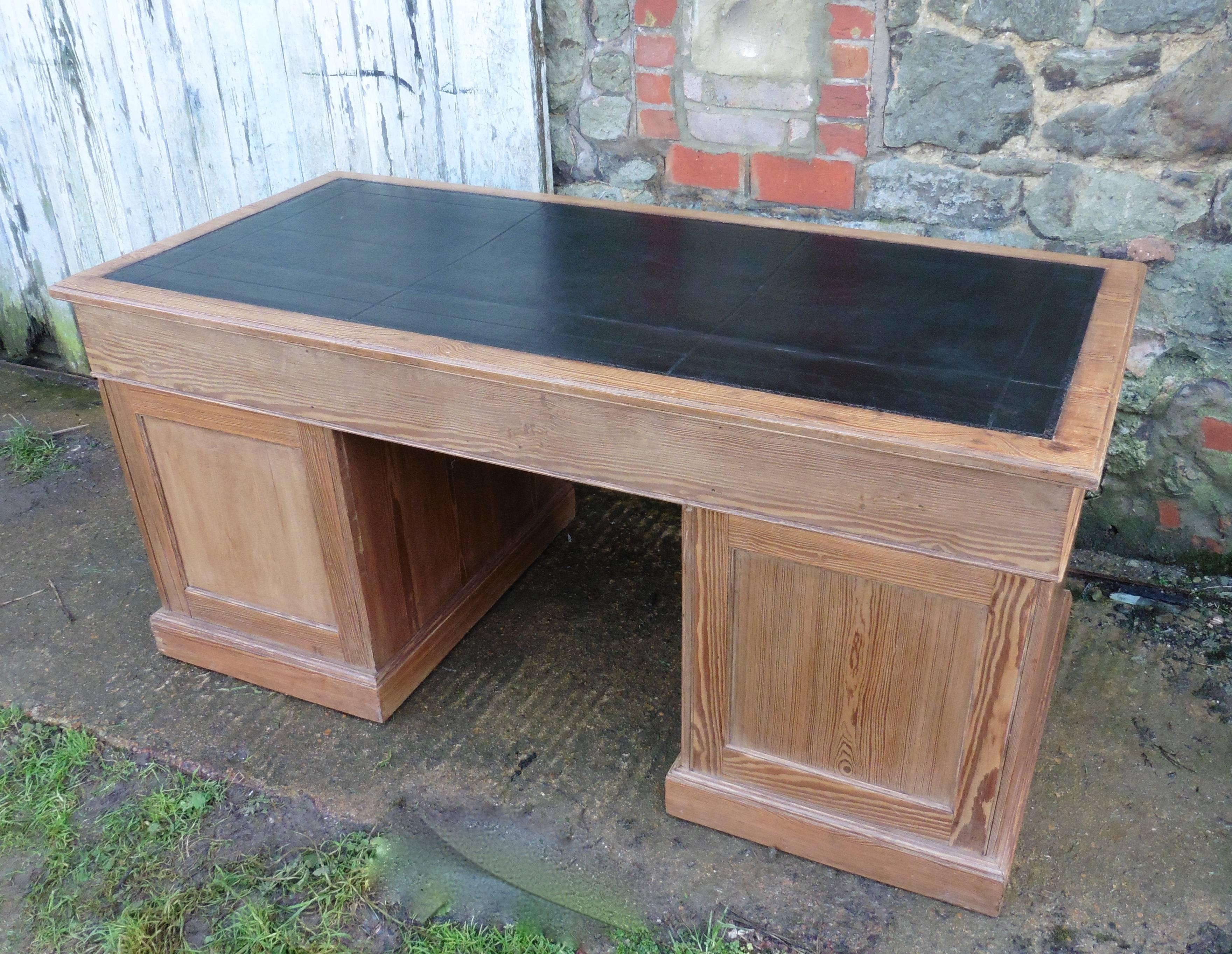 Hand-Crafted Large Victorian Pitch Pine Desk, Leather Top Barristers Desk by Heal and Sons