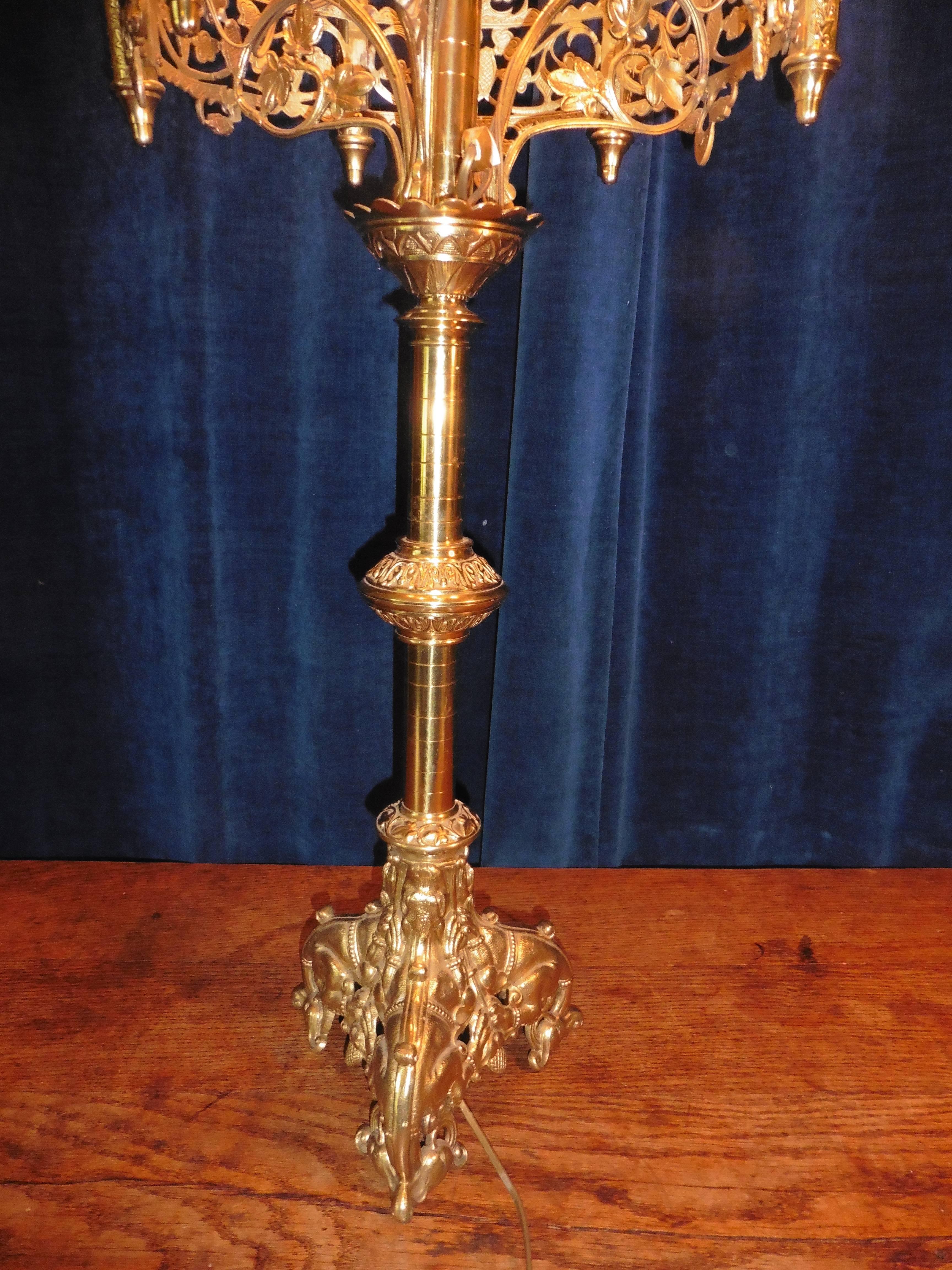 Repoussé Very Large French Brass Church Candelabra, Ecclesiastical Artefact