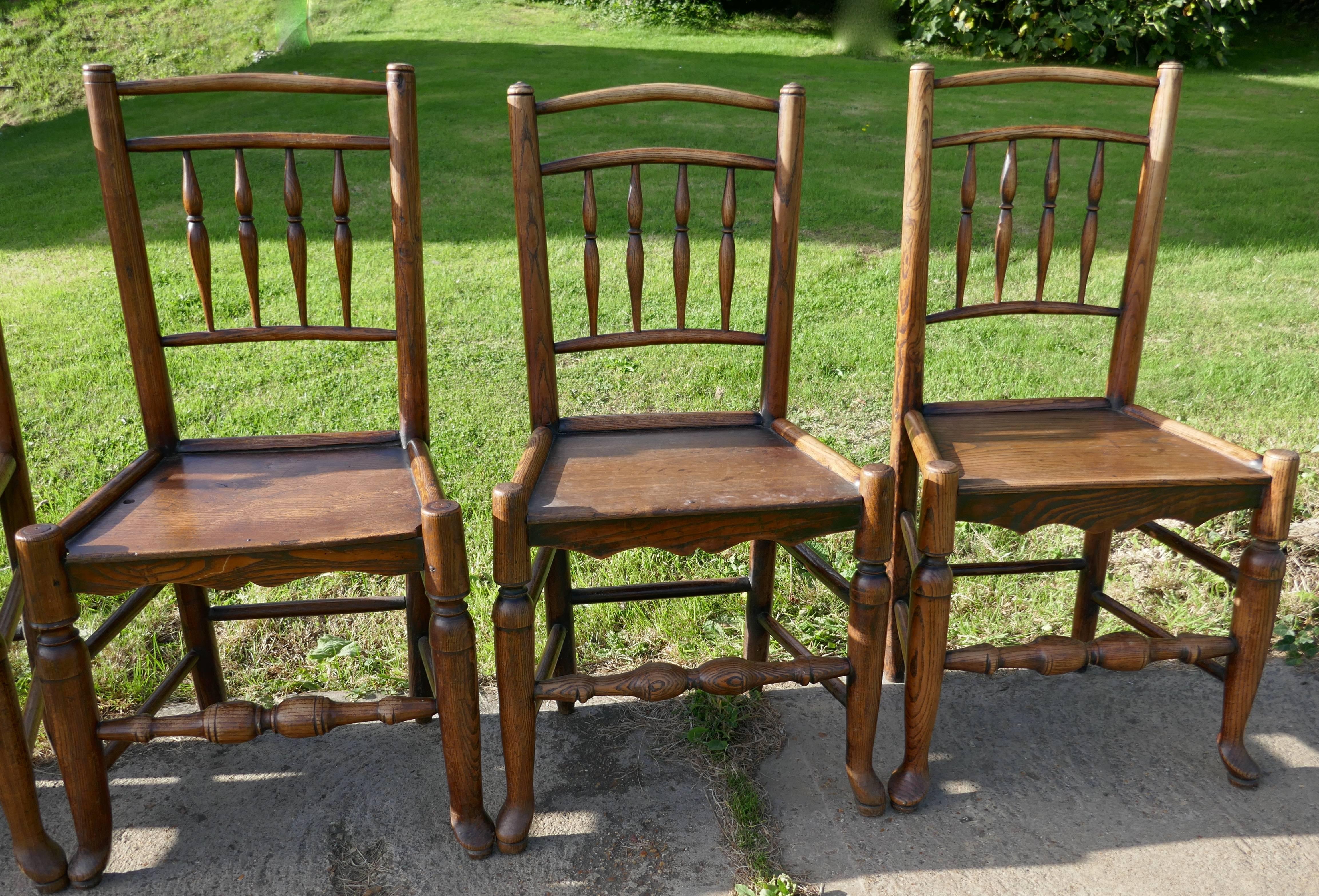 This a great find, we have a set of these charming antique west Midlands chairs, they all have elm plank seats and with spindled backs

The chairs are sound, some of them show signs of old woodworm as to be expected in chairs of this age, one has