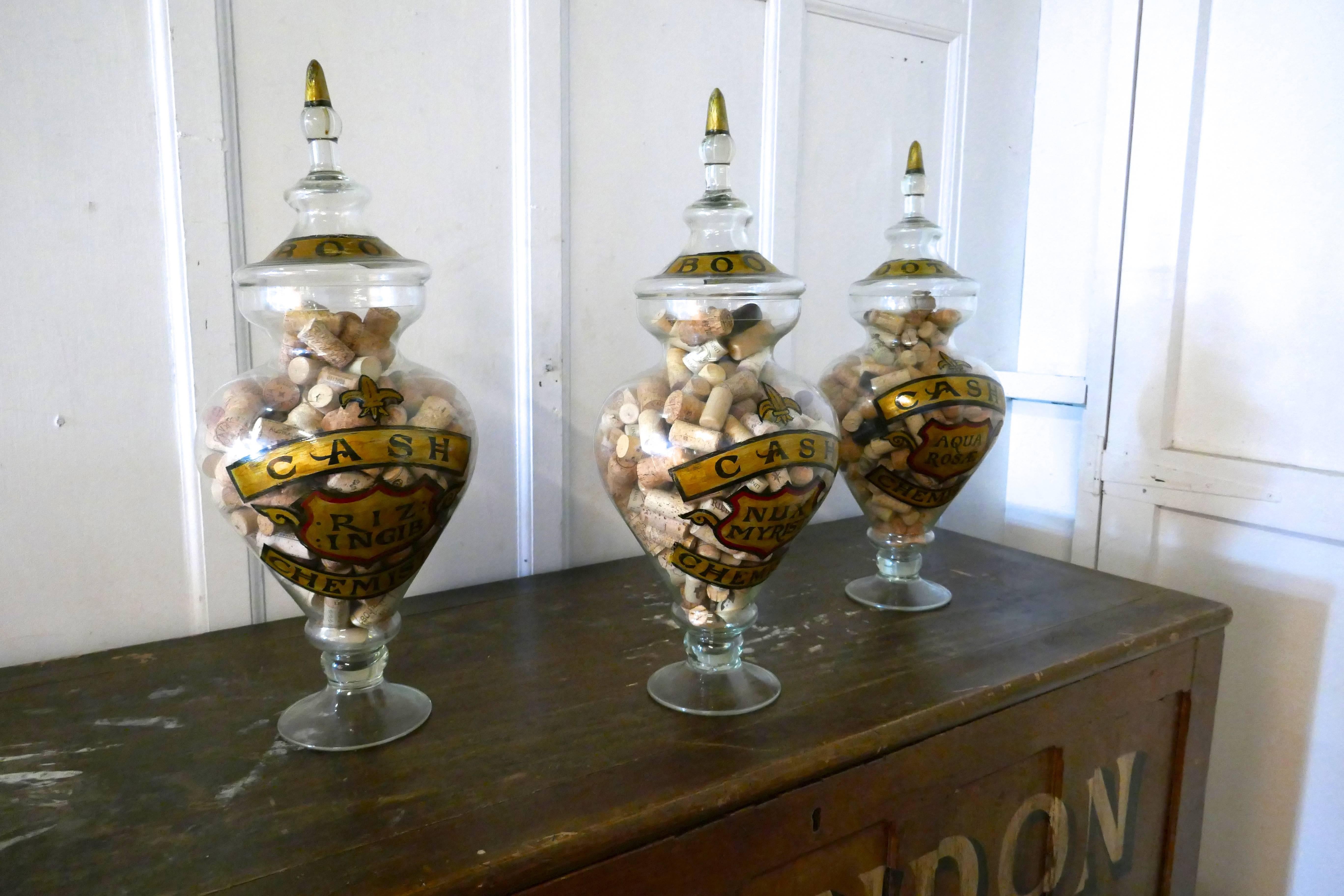 English Collection of Three Very Large Apothecary or Old Boots Chemist Jars Shop Display