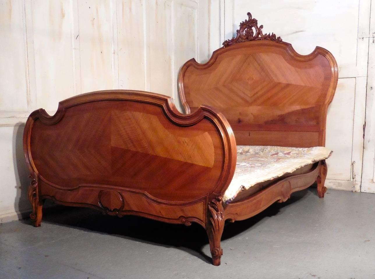 Hand-Crafted Louis XV Style French Golden Walnut King Size Bed