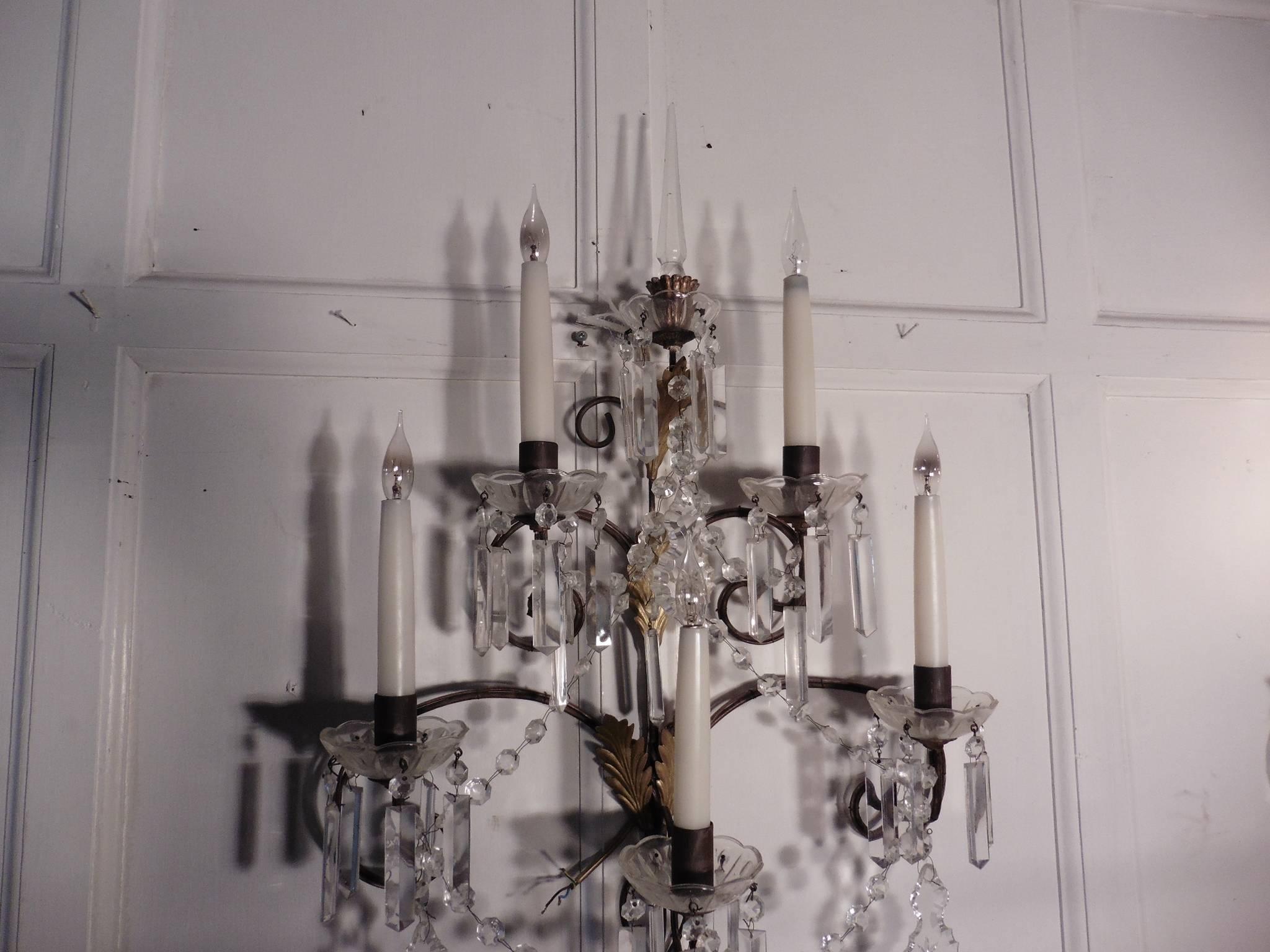 Empire Revival Pair of Very Large French Wall Chandeliers, Crystal Lustres and Chains
