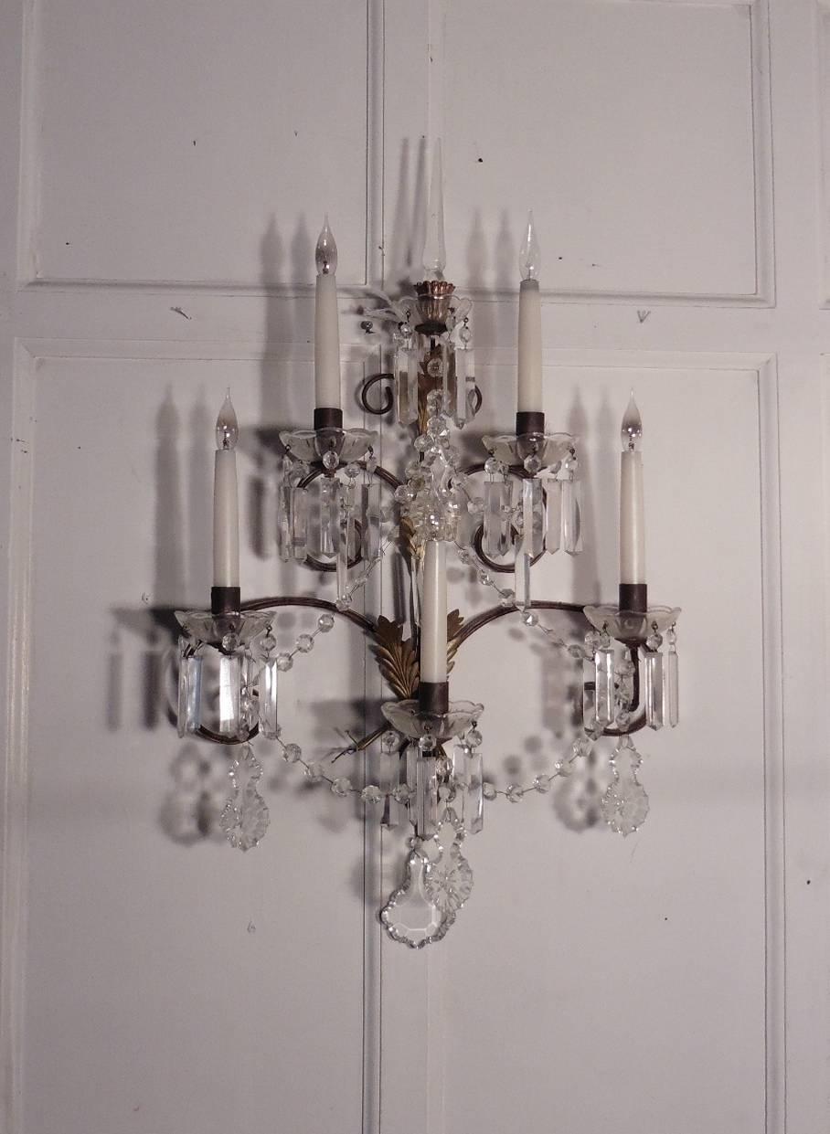 Hand-Crafted Pair of Very Large French Wall Chandeliers, Crystal Lustres and Chains