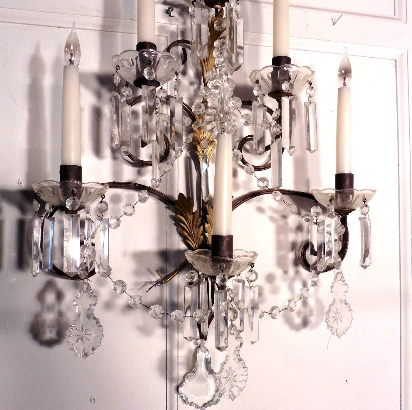 Pair of Very Large French Wall Chandeliers, Crystal Lustres and Chains In Good Condition In Chillerton, Isle of Wight