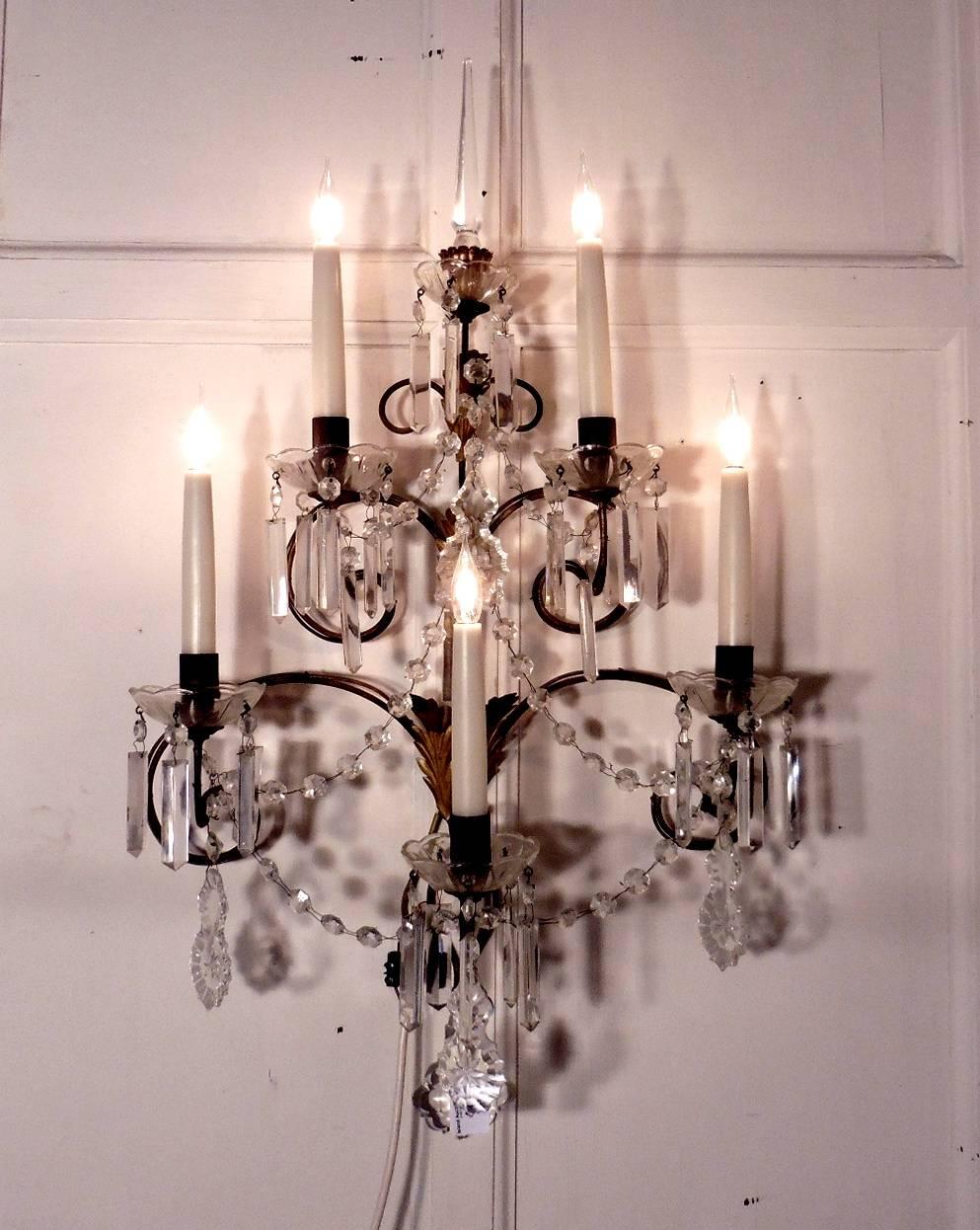 Late 19th Century Pair of Very Large French Wall Chandeliers, Crystal Lustres and Chains