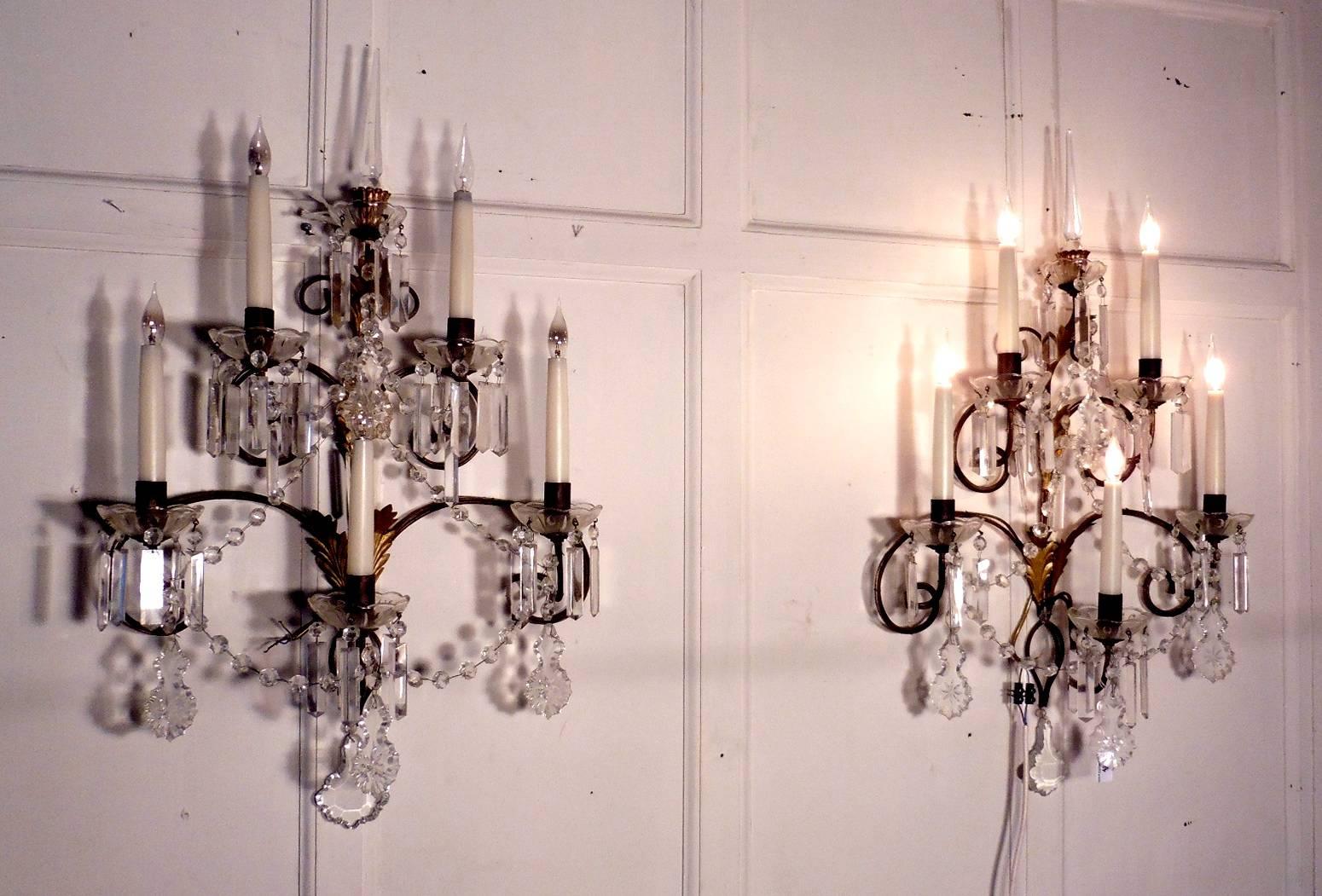 Pair of Very Large French Wall Chandeliers, Crystal Lustres and Chains 1