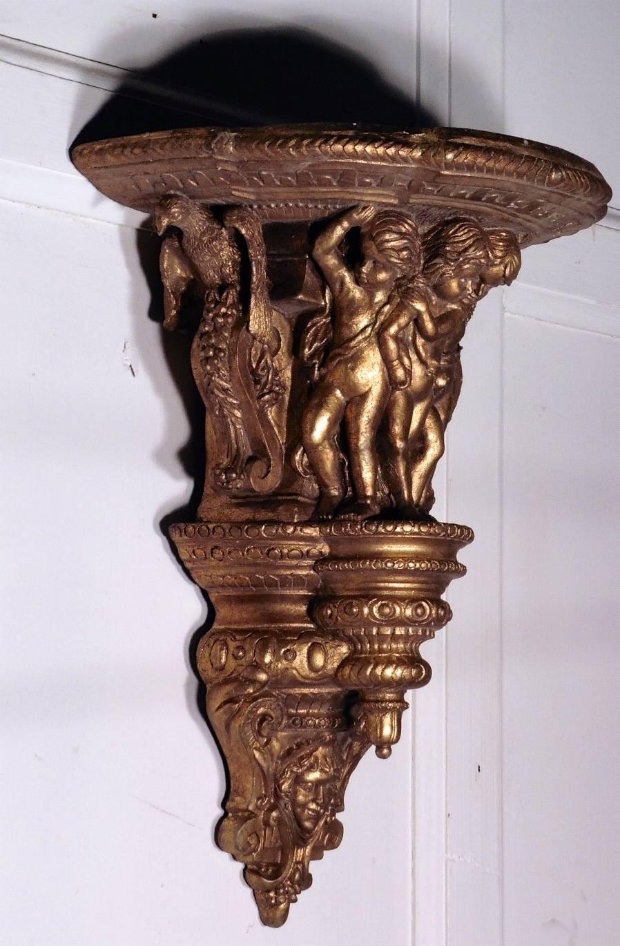Rococo Revival 19th Century Carved Wood Gilt Wall Bracket, Putti, Eagles