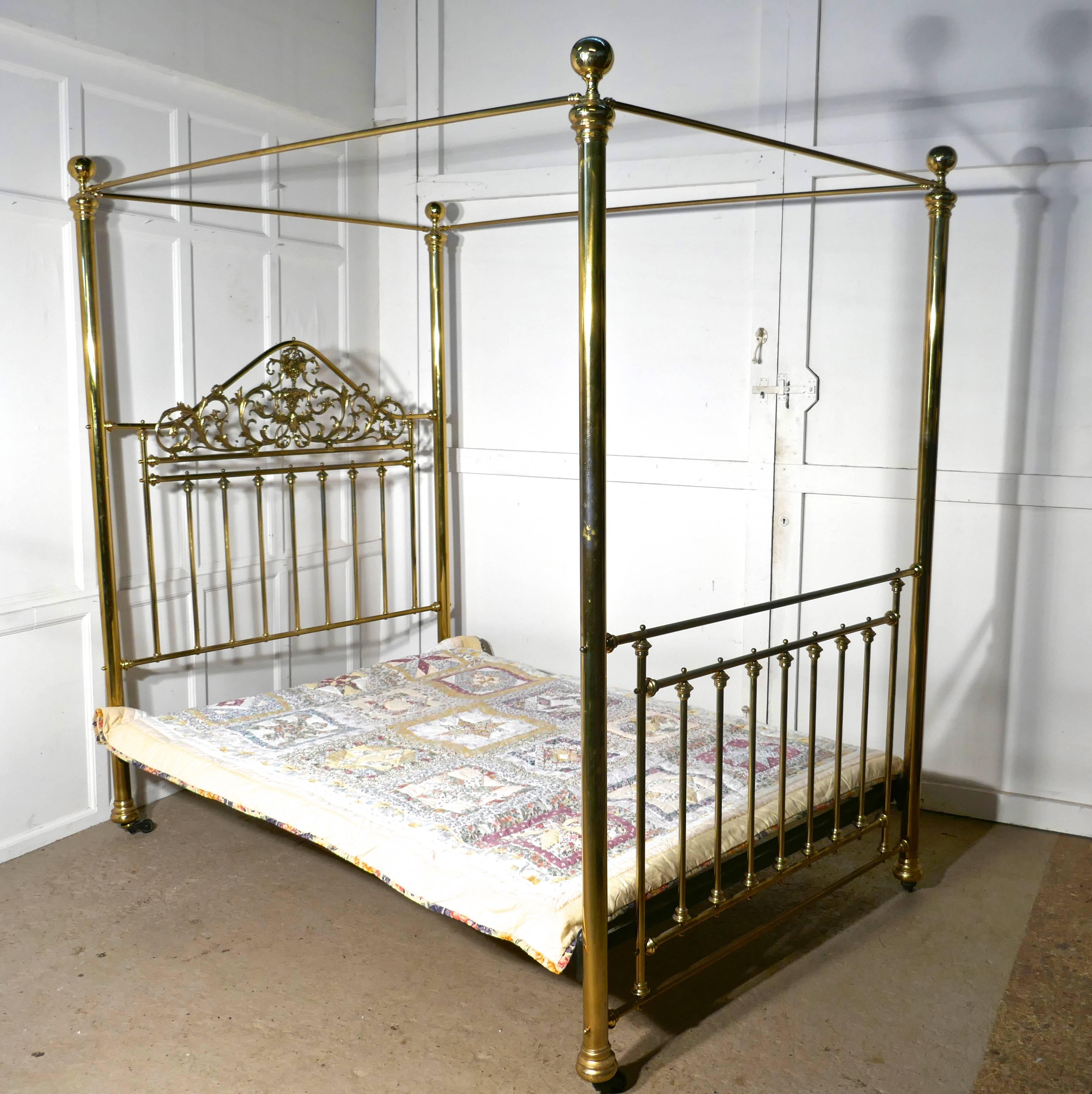 Cast Victorian Art Nouveau Four Poster Double Brass Bed