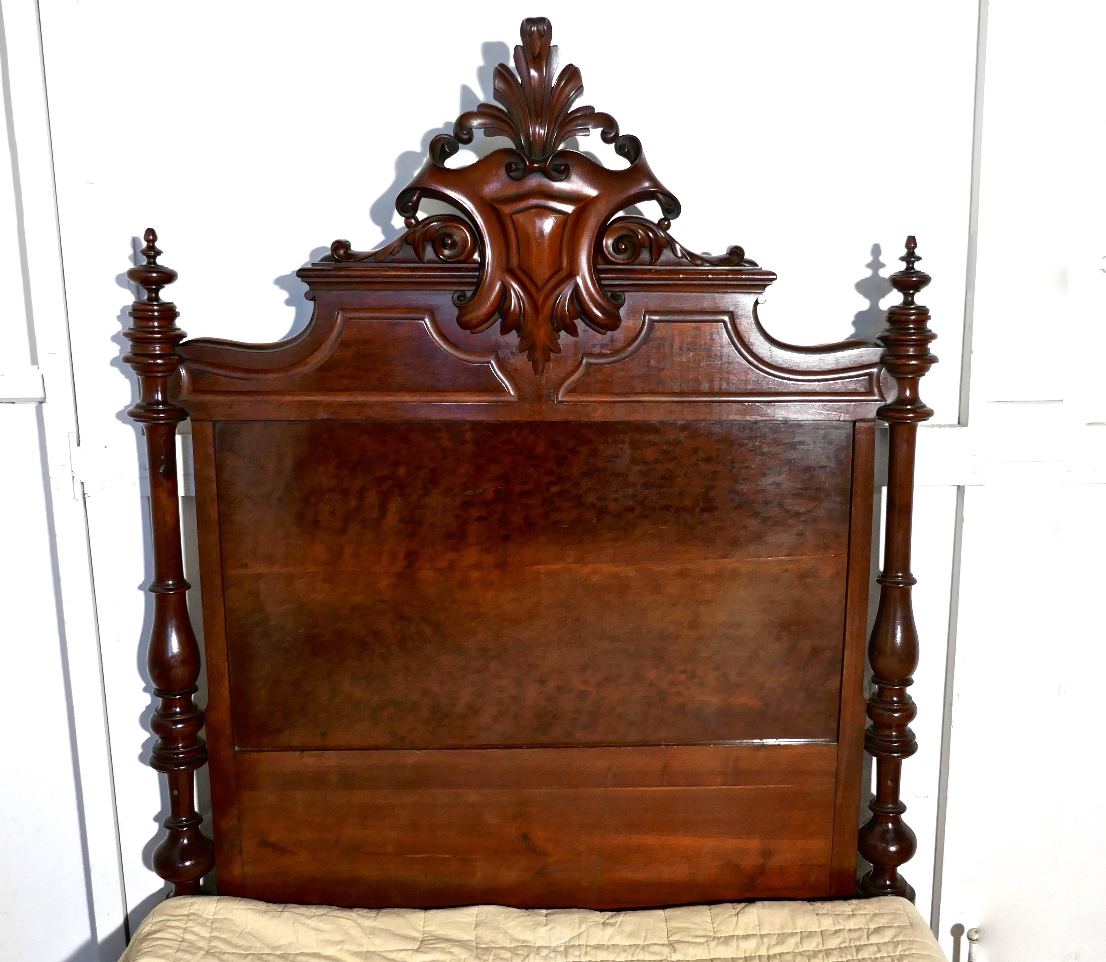 Hand-Carved Large Single Burr Walnut Chateau Bed Made in the Channel Islands