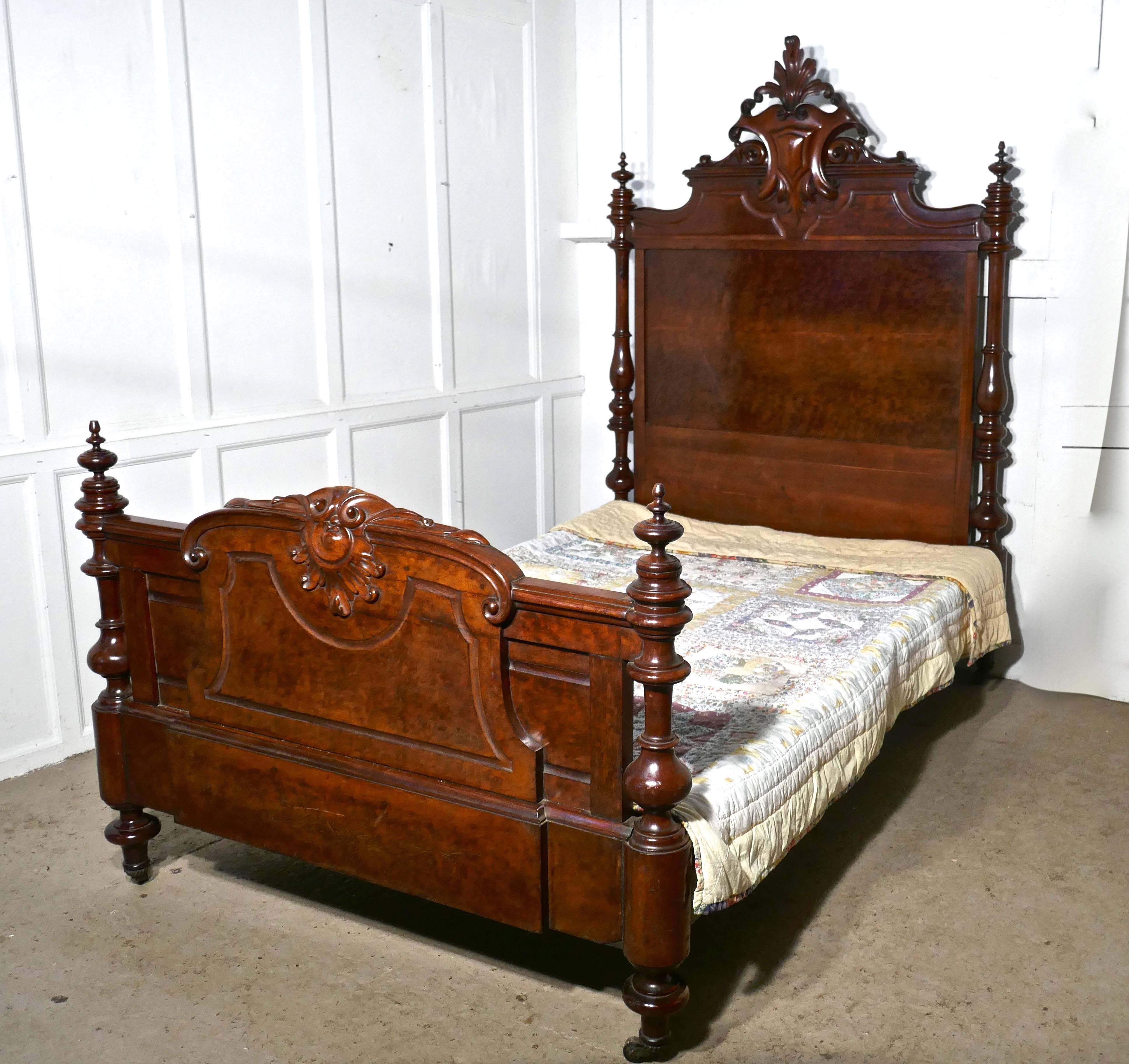 Large Single Burr Walnut Chateau Bed Made in the Channel Islands In Good Condition In Chillerton, Isle of Wight