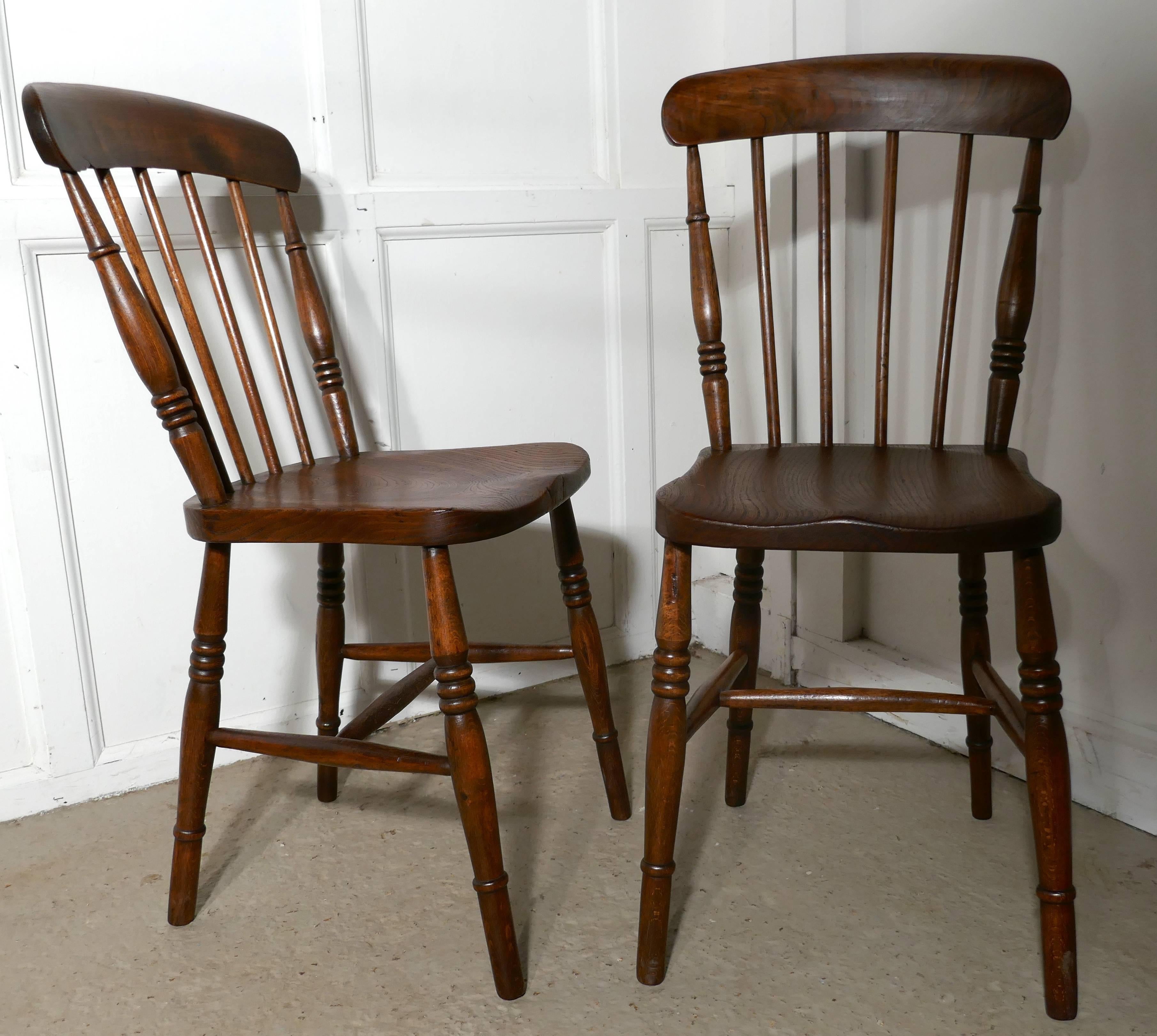 Hand-Crafted Set of Four Victorian Elm Seated Stick Back Windsor Kitchen Dining Chairs