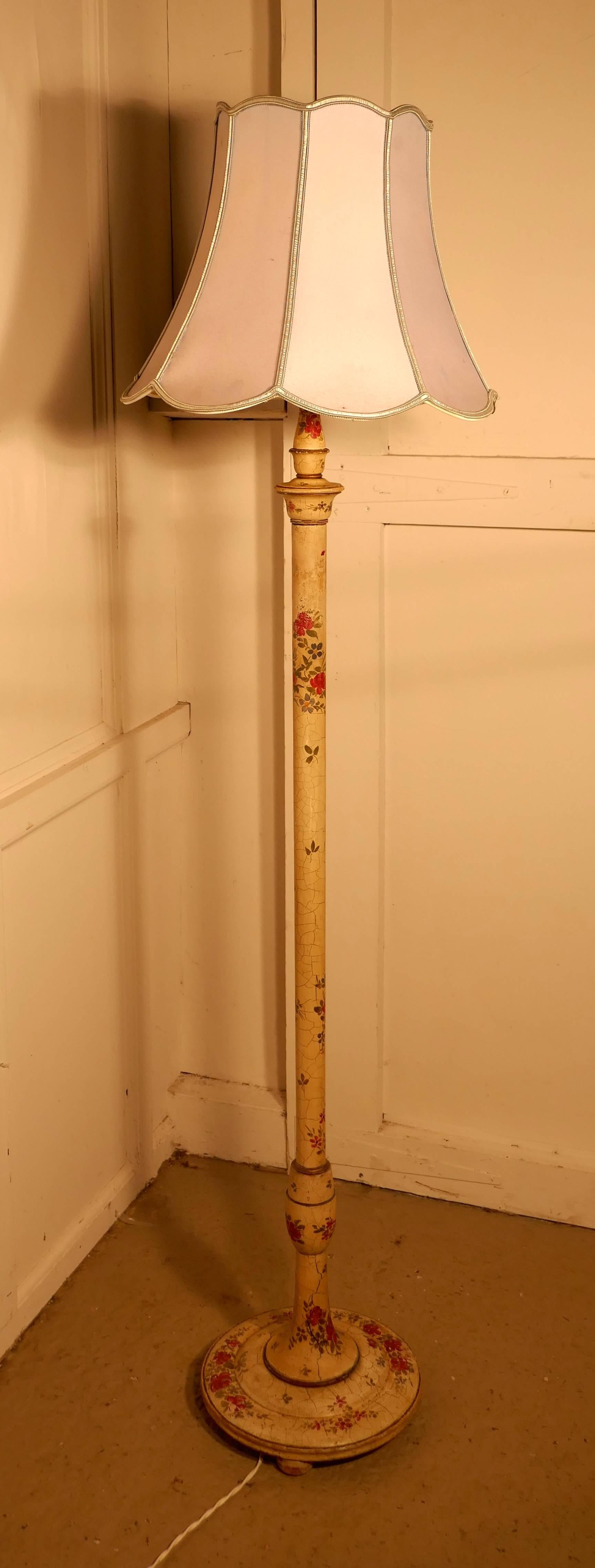 Cold-Painted 1920s Painted Floor Standing Lamp, Cream Red Roses Shabby Crackle Glazed Finish