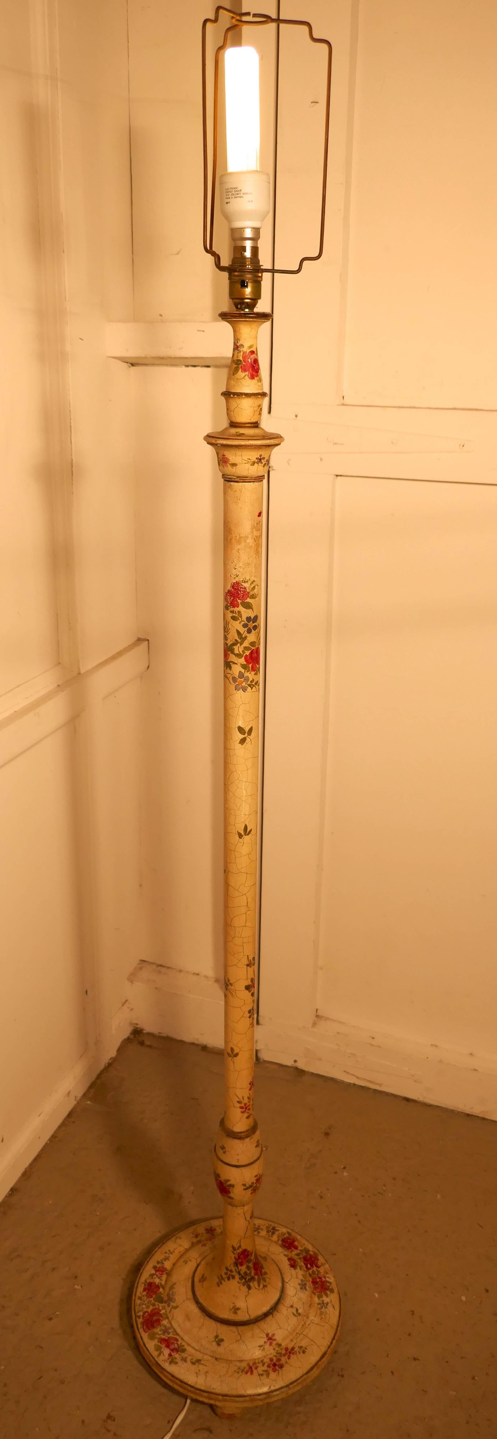 English 1920s Painted Floor Standing Lamp, Cream Red Roses Shabby Crackle Glazed Finish
