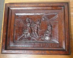Set of Five Flemish Framed Carved Oak Panels, Tavern Scenes Drinking Merriment