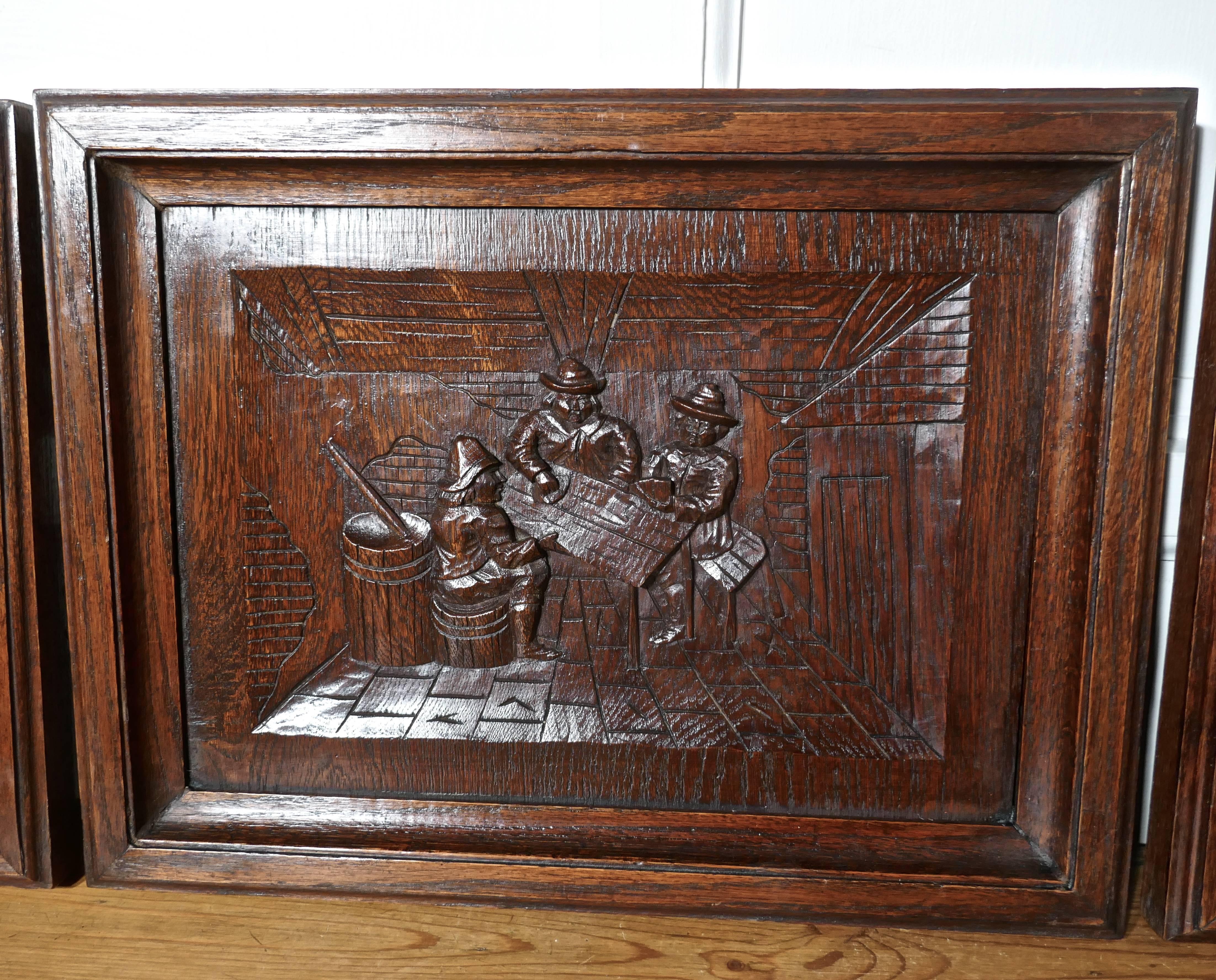 Hand-Carved Set of Five Flemish Framed Carved Oak Panels, Tavern Scenes Drinking Merriment
