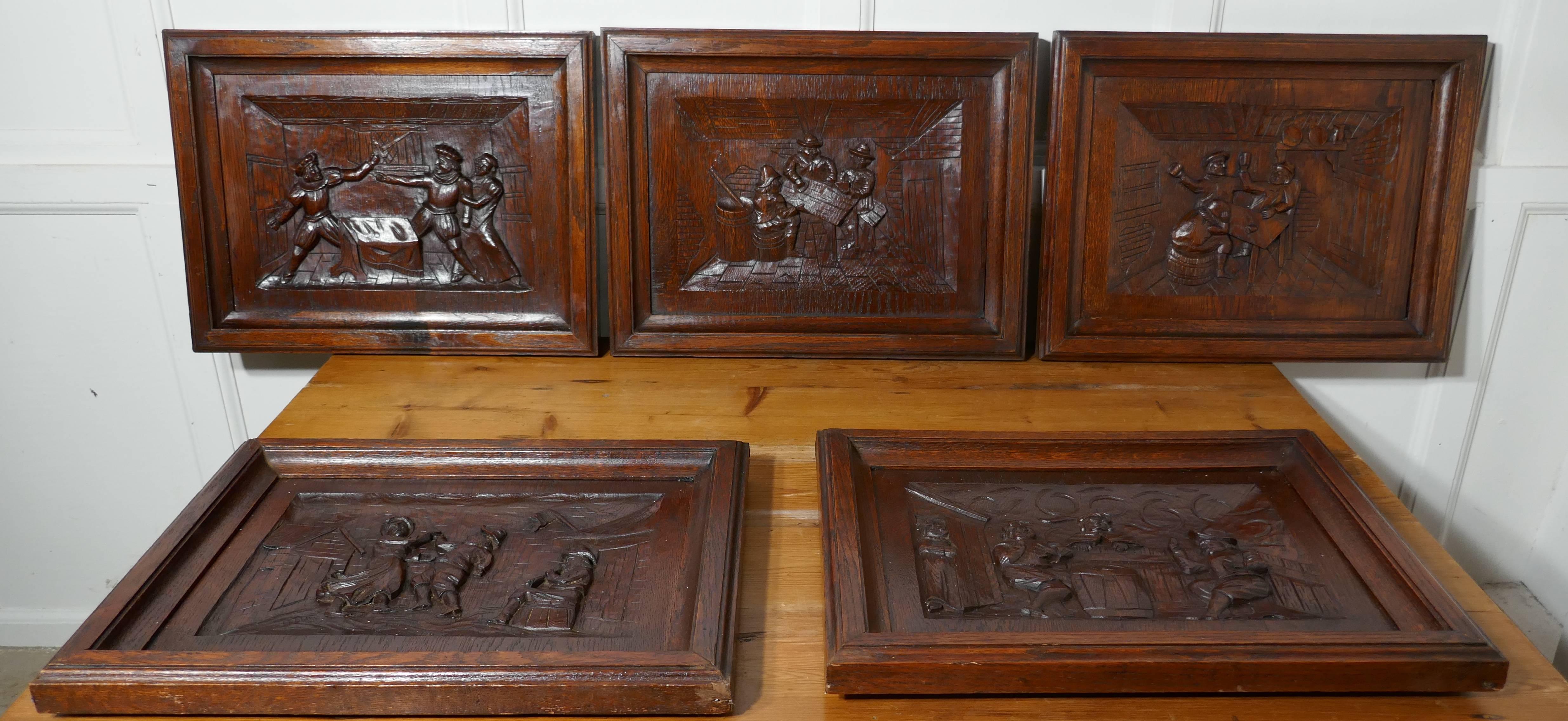 Set of Five Flemish Framed Carved Oak Panels, Tavern Scenes Drinking Merriment In Good Condition In Chillerton, Isle of Wight