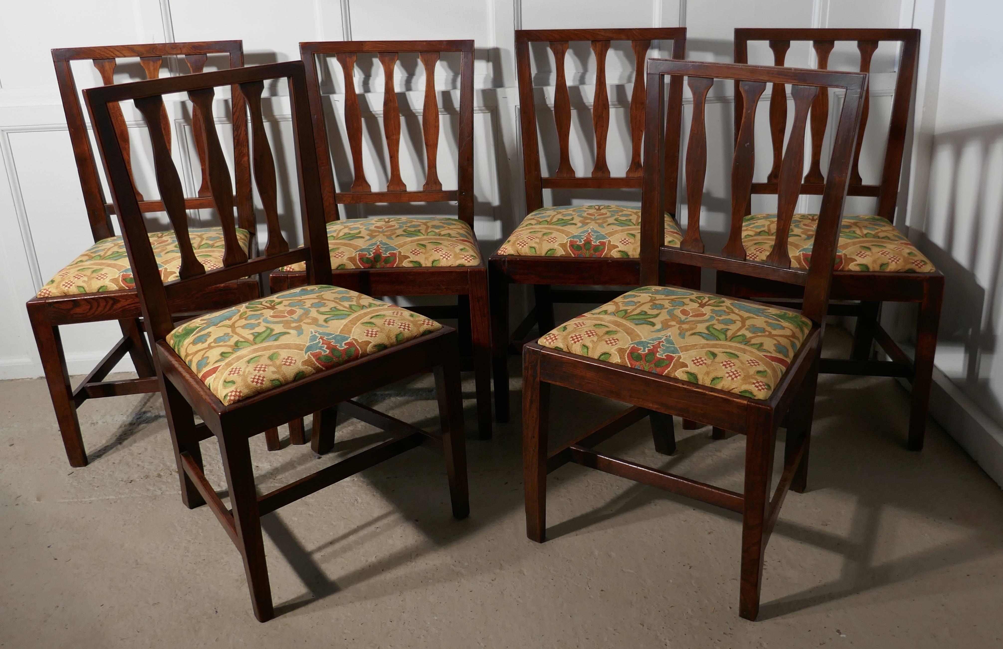 Hand-Crafted Set of Six Georgian Elm Country Dining Chairs, Liberty Fabric Upholstery 